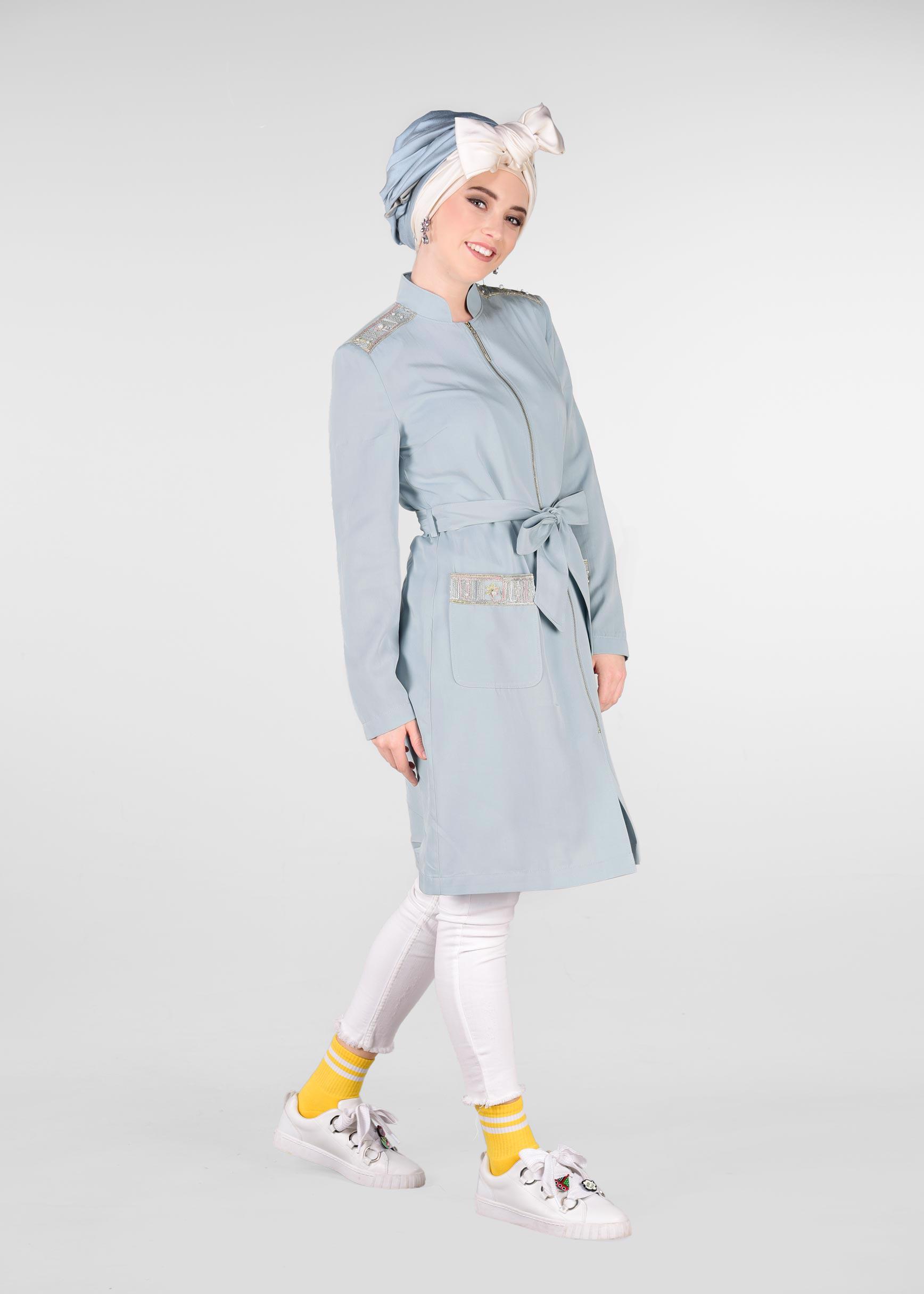 Tesettür giyim MAVİ HAKİM YAKA FERMUARLI TRENÇKOT 1226