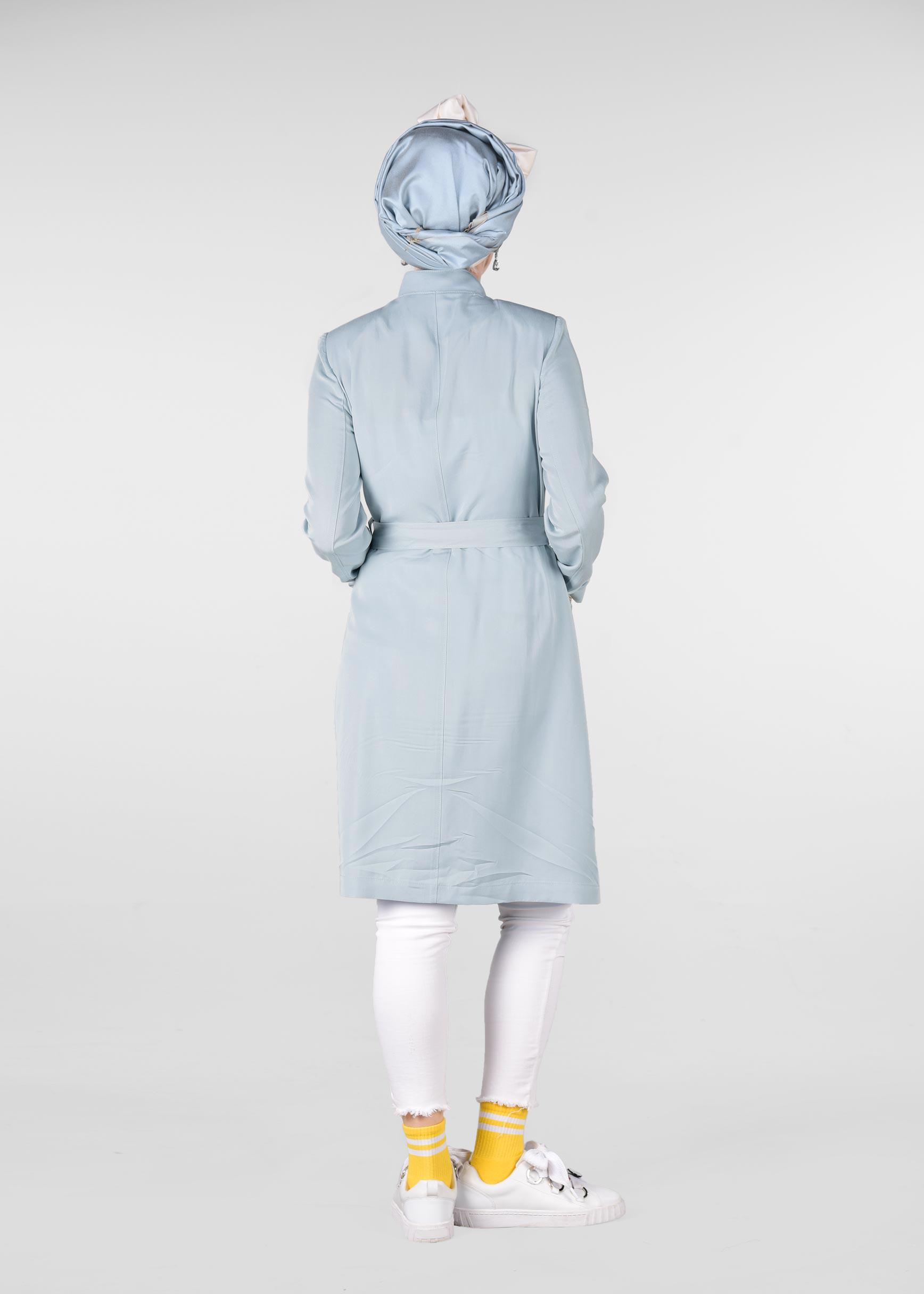 Tesettür giyim MAVİ HAKİM YAKA FERMUARLI TRENÇKOT 1226