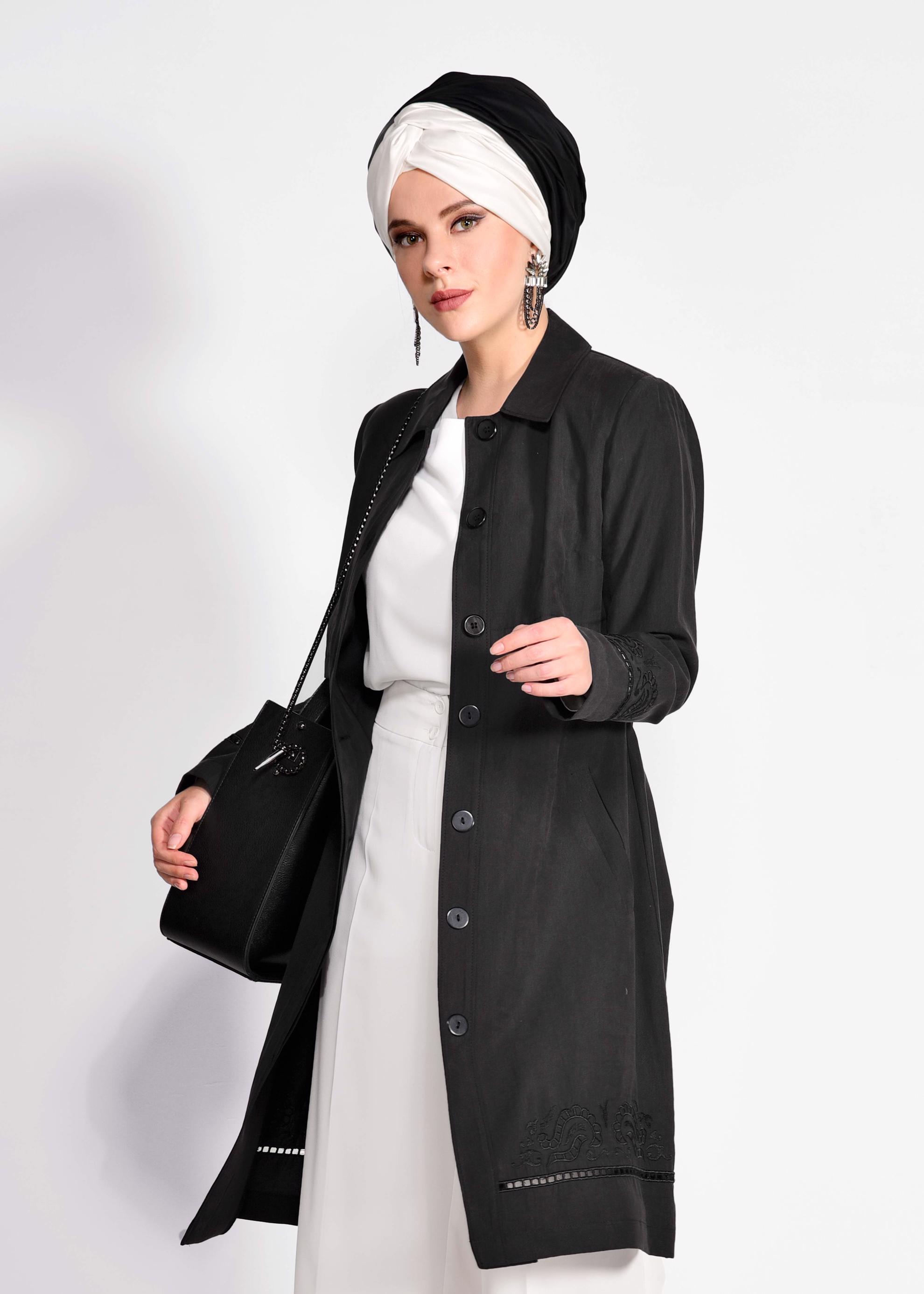 Tesettür giyim SİYAH KEMER DETAYLI TRENÇKOT 1241 