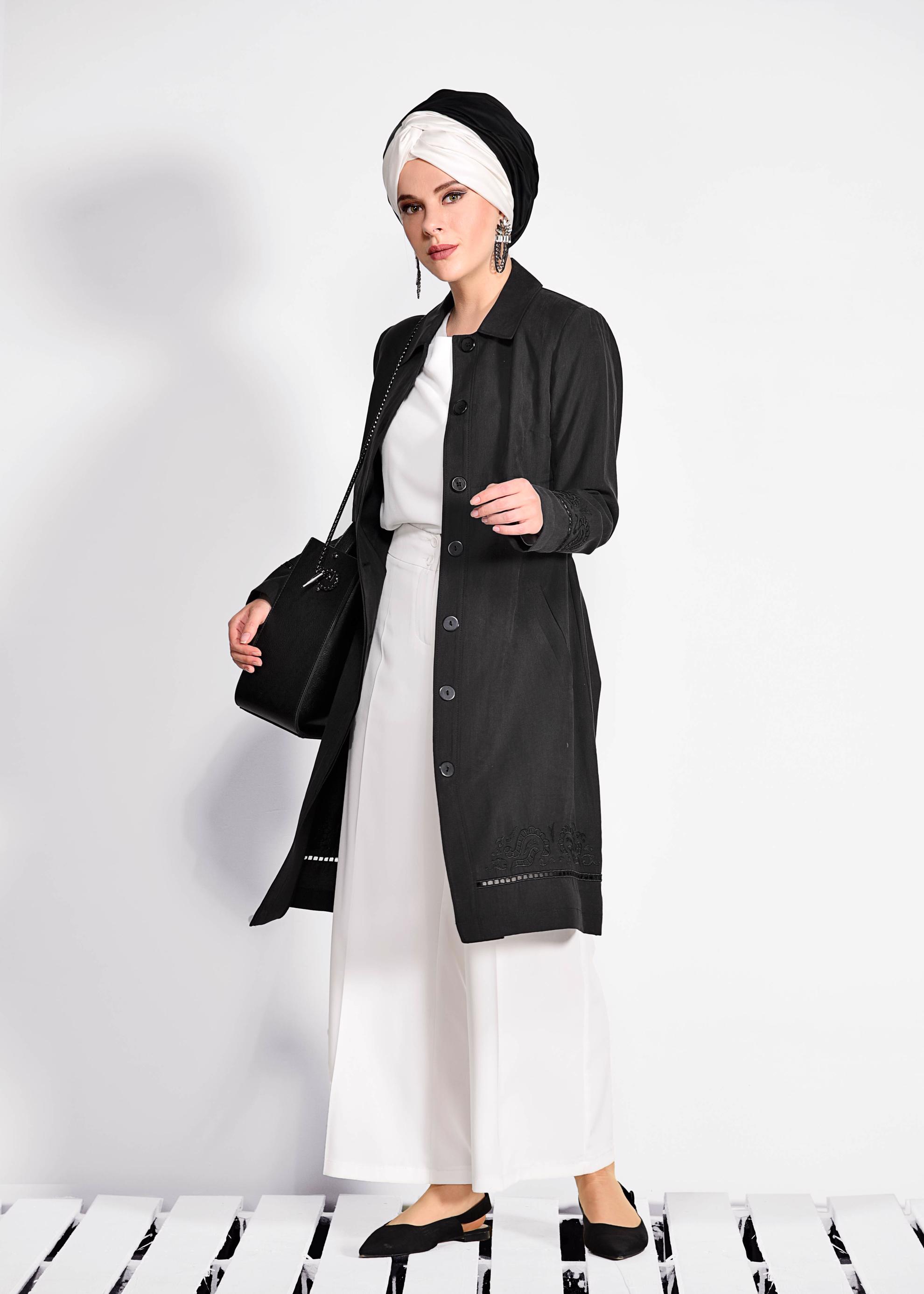 Tesettür giyim SİYAH KEMER DETAYLI TRENÇKOT 1241 