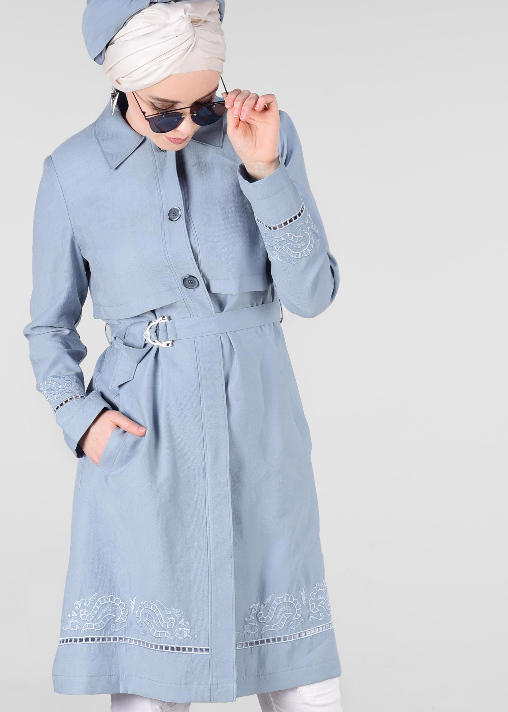 Tesettür giyim MAVİ KEMER DETAYLI TRENÇKOT 1241 