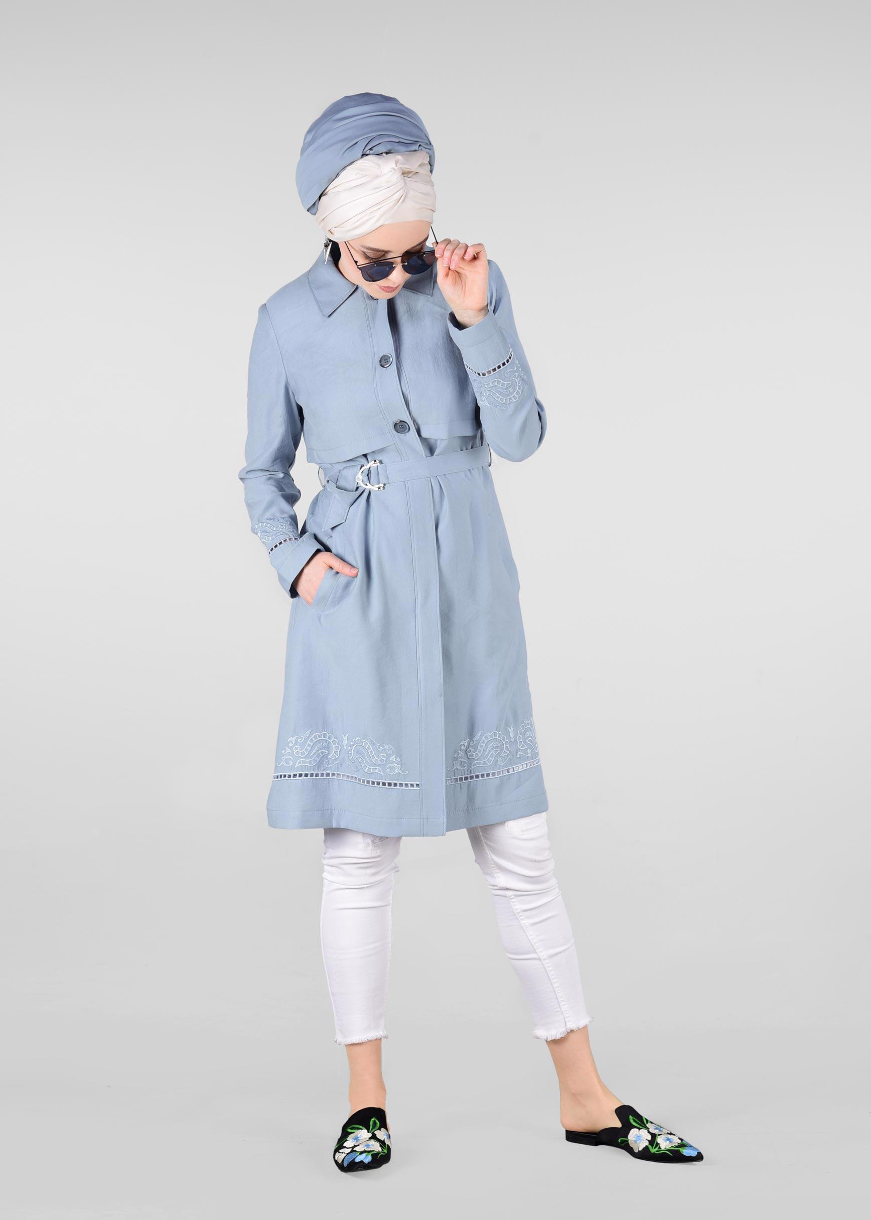 Tesettür giyim MAVİ KEMER DETAYLI TRENÇKOT 1241 