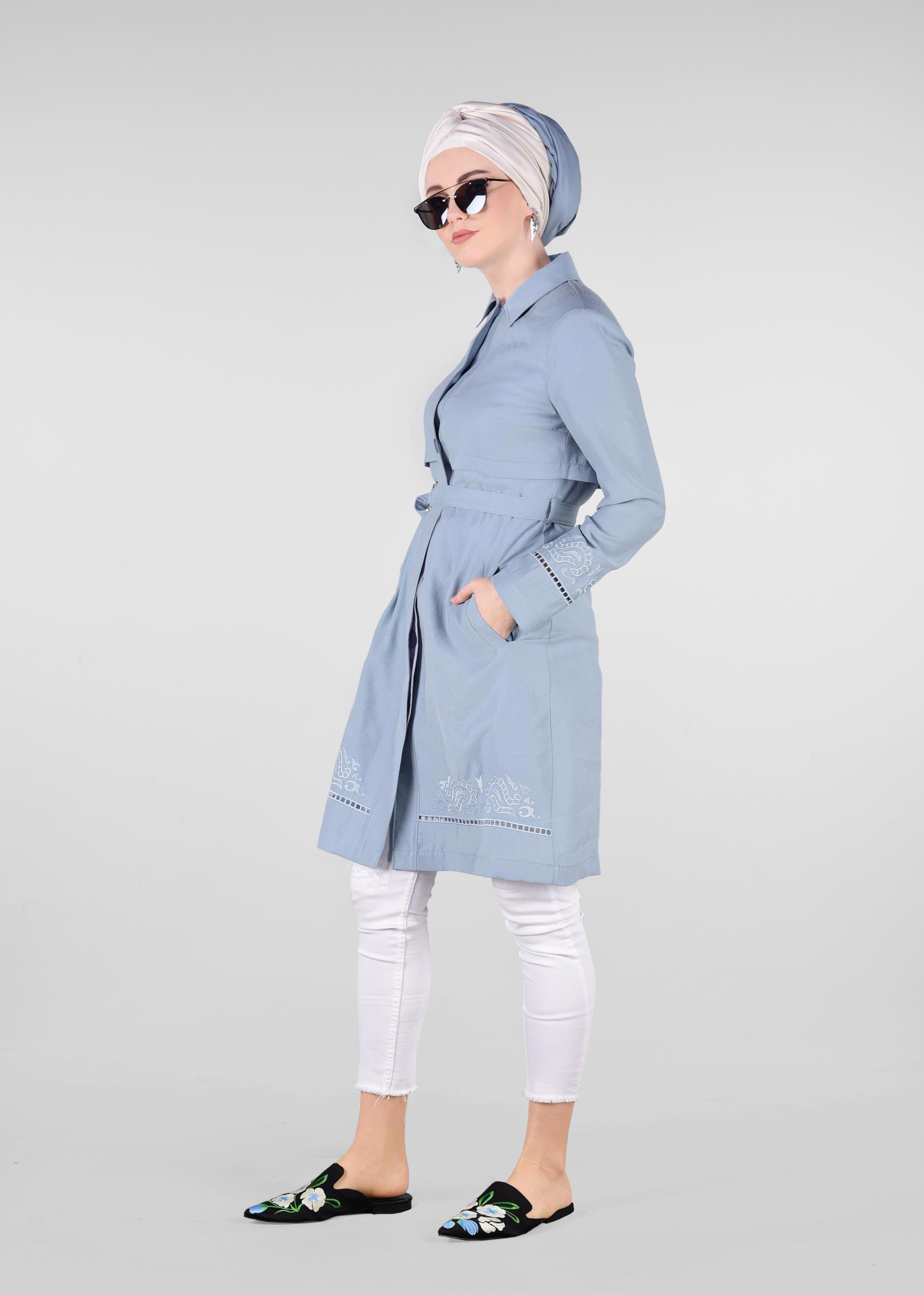 Tesettür giyim MAVİ KEMER DETAYLI TRENÇKOT 1241 