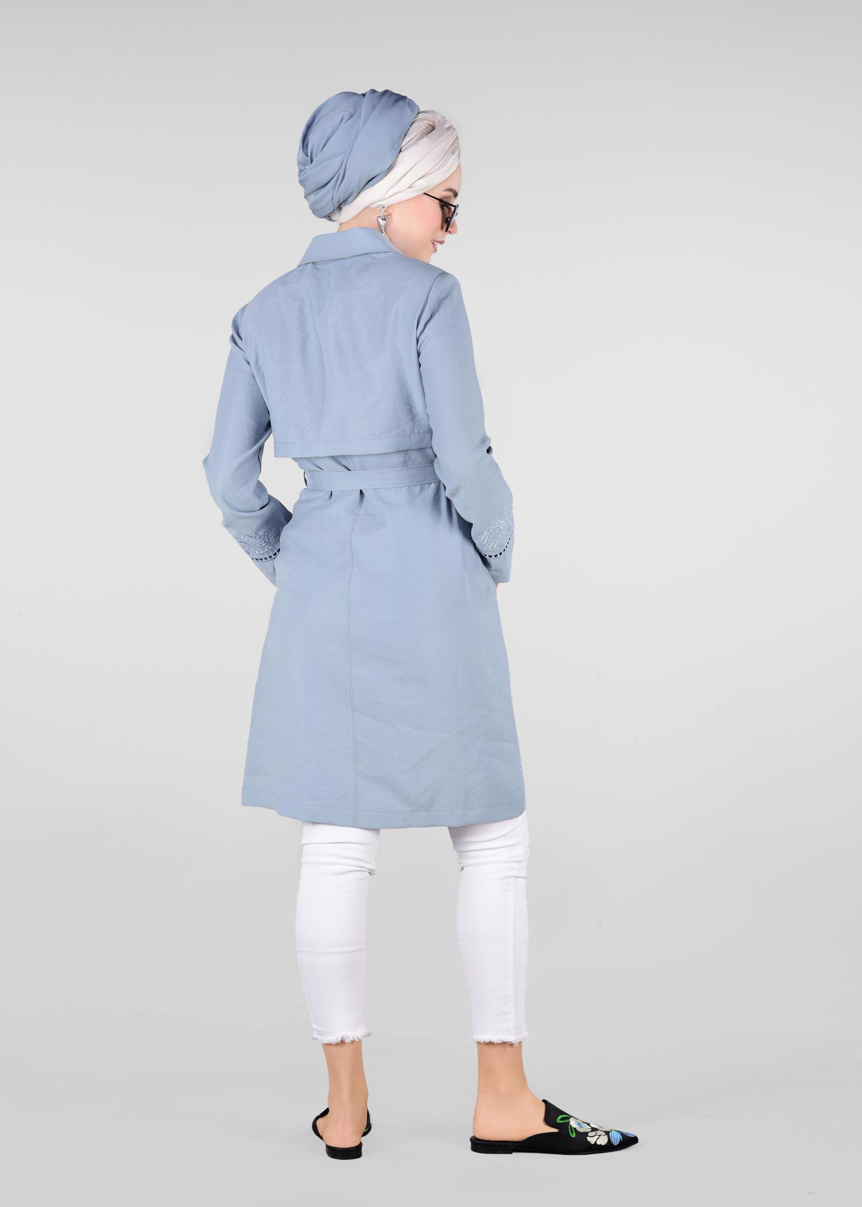 Tesettür giyim MAVİ KEMER DETAYLI TRENÇKOT 1241 