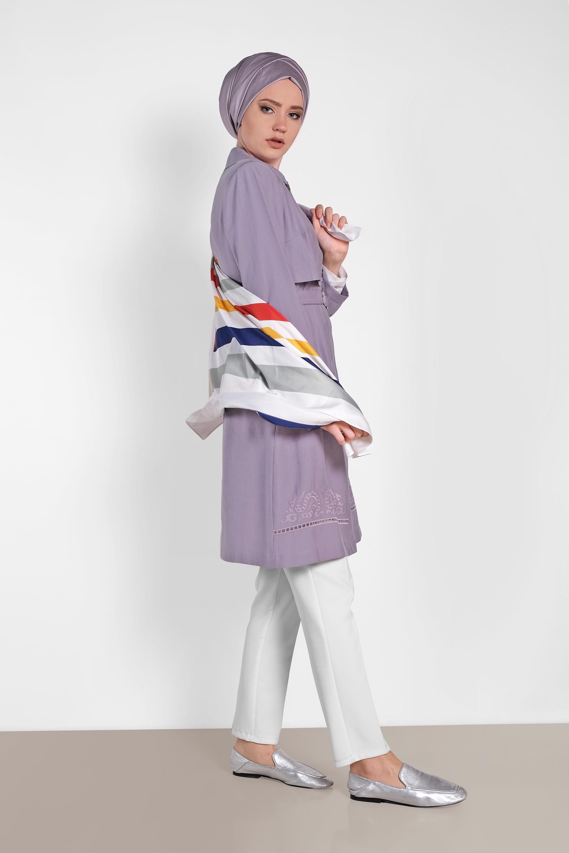 Tesettür giyim MOR KEMER DETAYLI TRENÇKOT 1241 