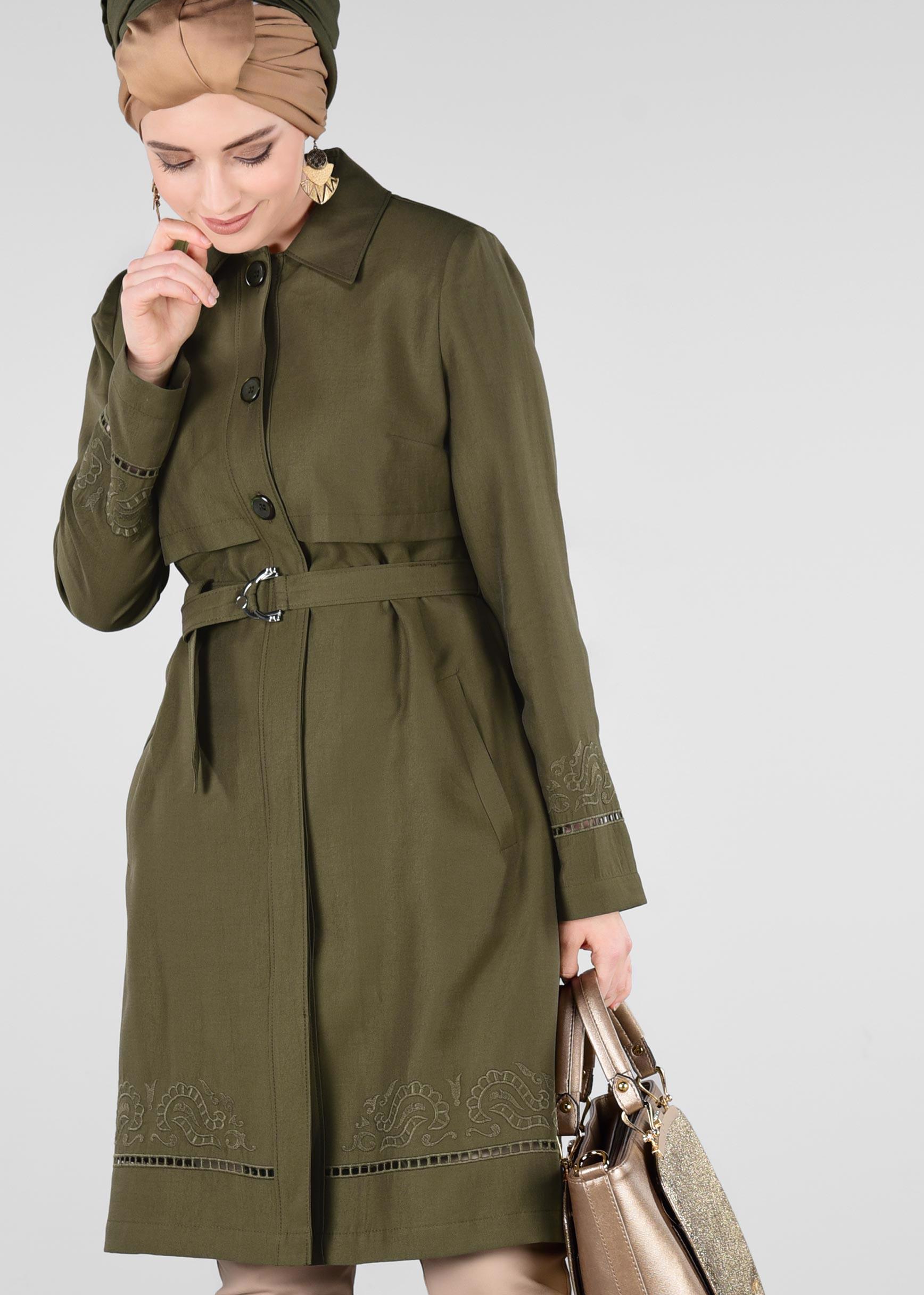 Tesettür giyim HAKİ KEMER DETAYLI TRENÇKOT 1241 