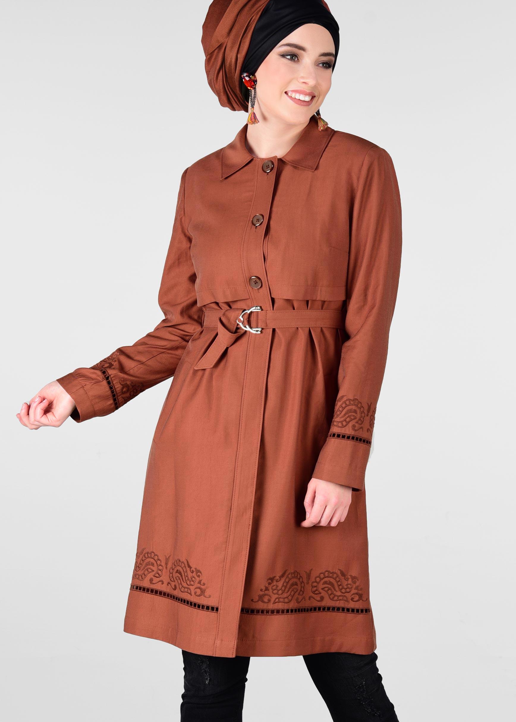 Tesettür giyim TURUNCU KEMER DETAYLI TRENÇKOT 1241 