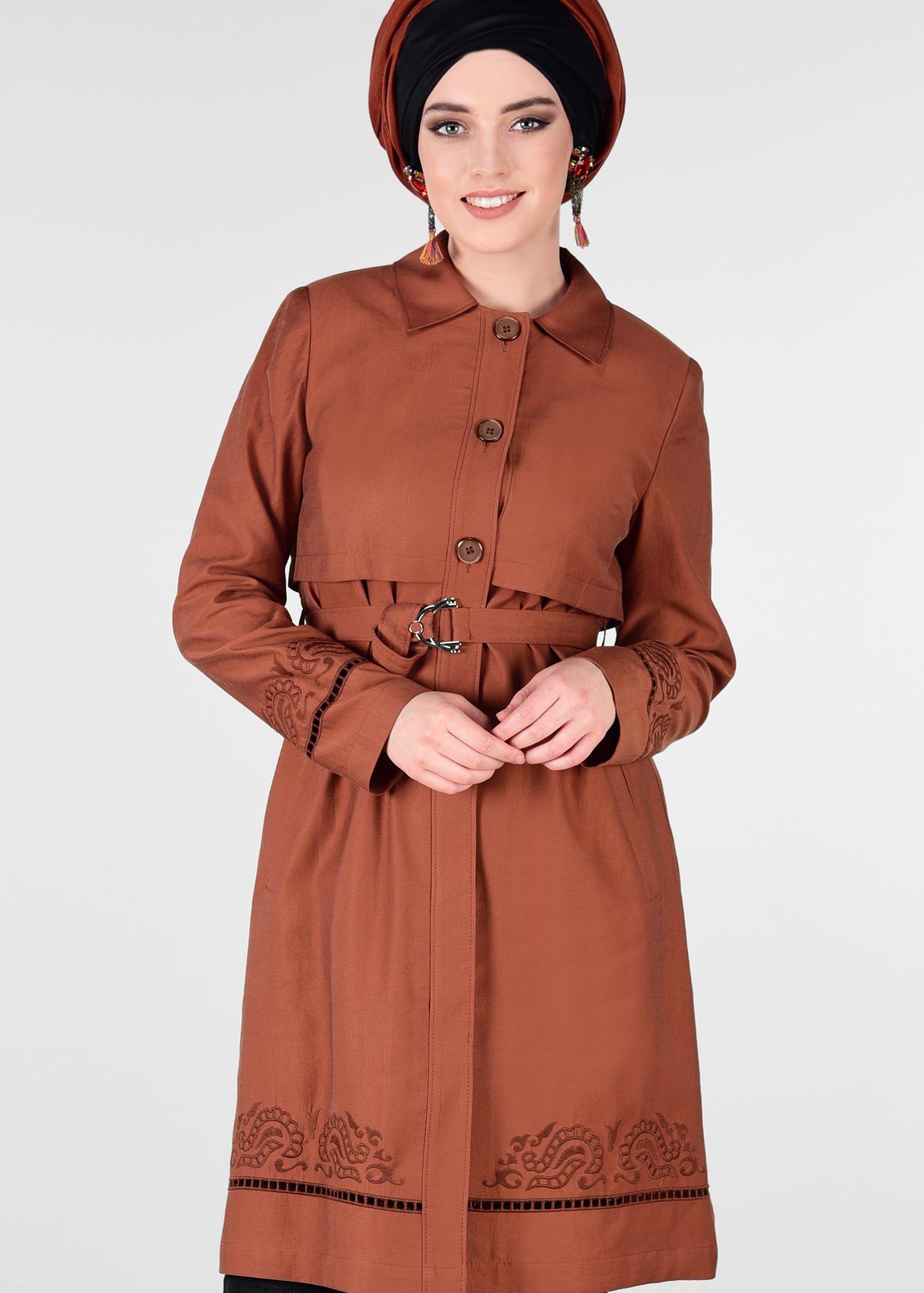Tesettür giyim TURUNCU KEMER DETAYLI TRENÇKOT 1241 