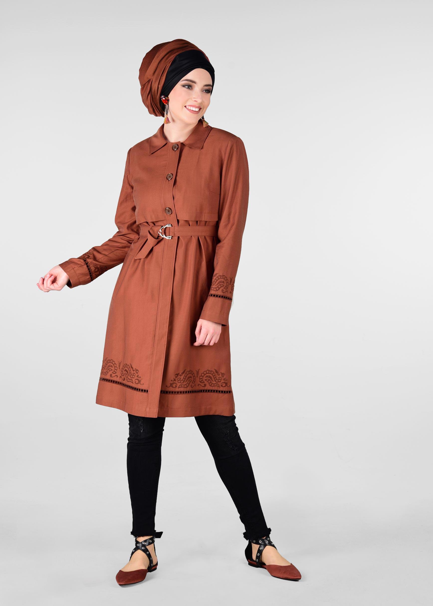 Tesettür giyim TURUNCU KEMER DETAYLI TRENÇKOT 1241 