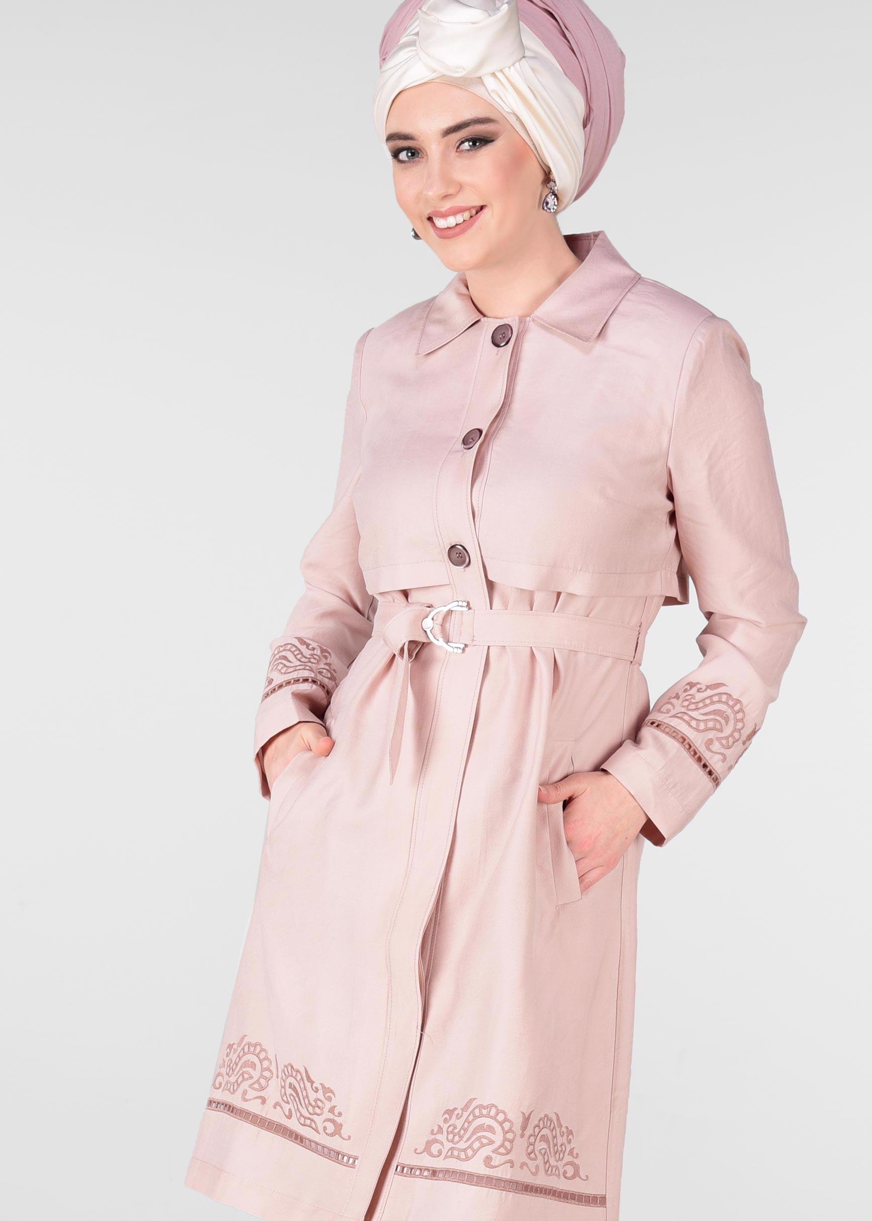 Tesettür giyim PUDRA KEMER DETAYLI TRENÇKOT 1241 