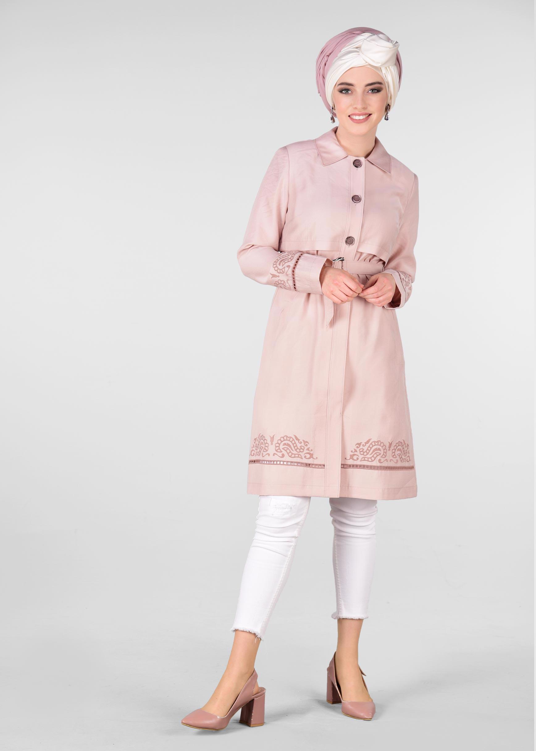 Tesettür giyim PUDRA KEMER DETAYLI TRENÇKOT 1241 