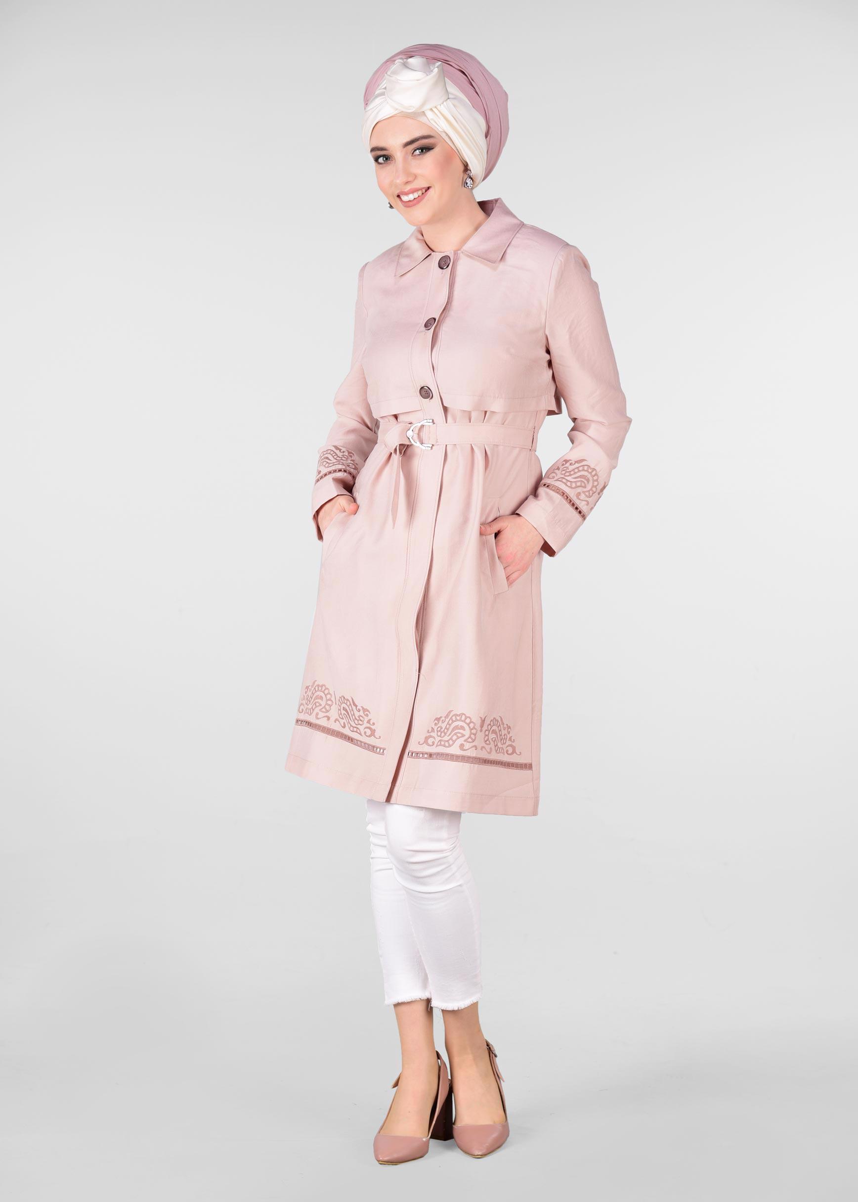 Tesettür giyim PUDRA KEMER DETAYLI TRENÇKOT 1241 