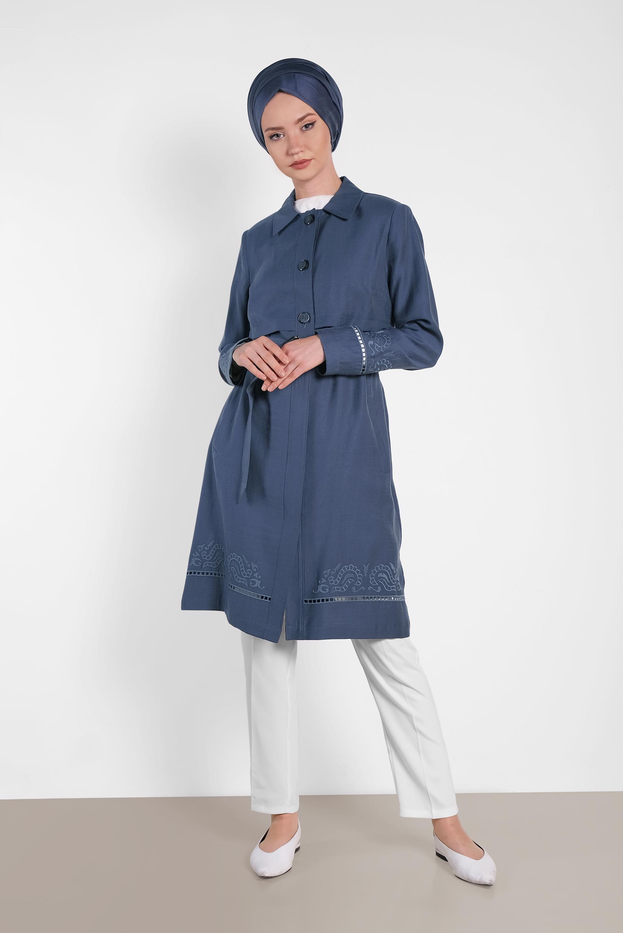 Tesettür giyim LACİVERT KEMER DETAYLI TRENÇKOT 1241 