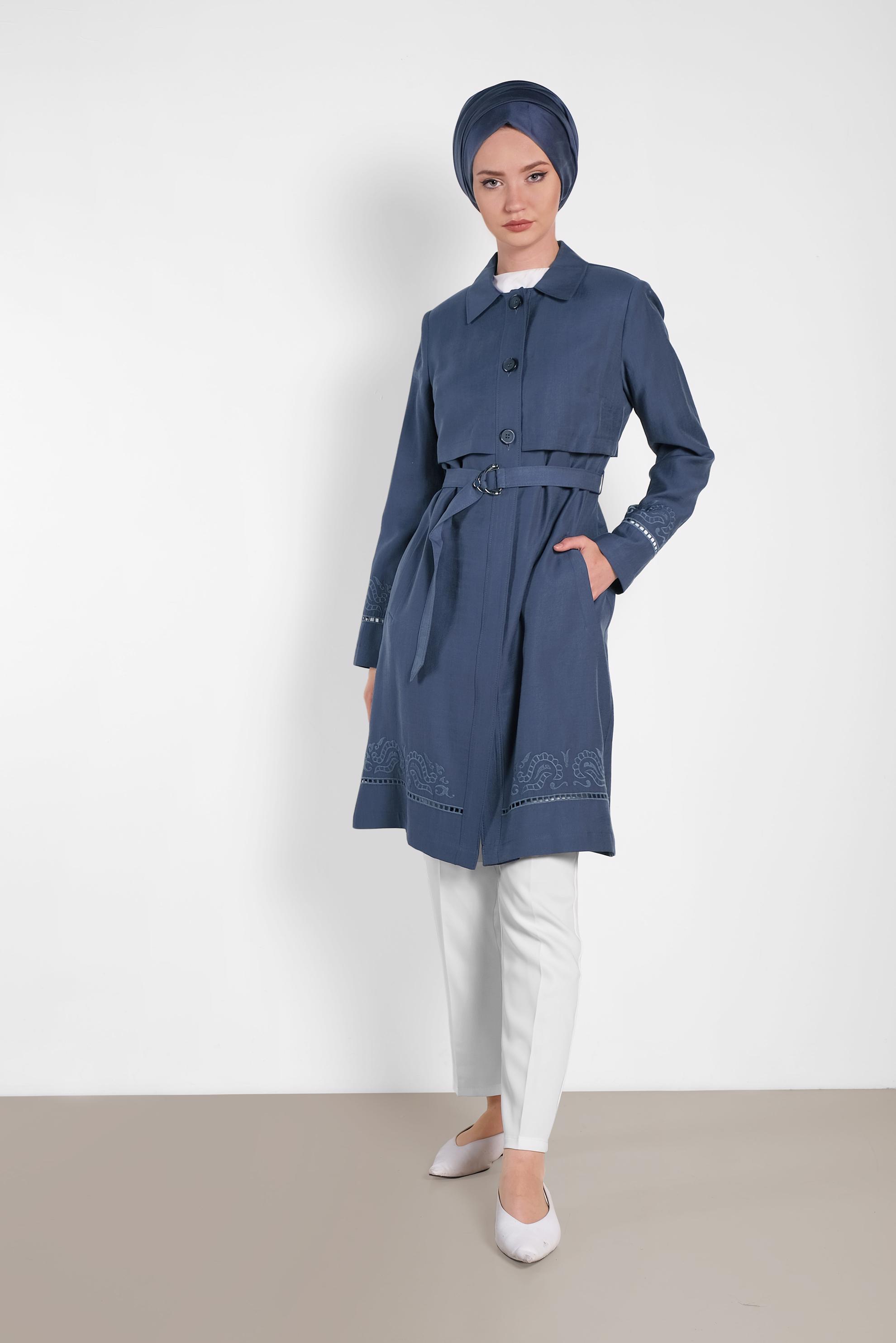 Tesettür giyim LACİVERT KEMER DETAYLI TRENÇKOT 1241 