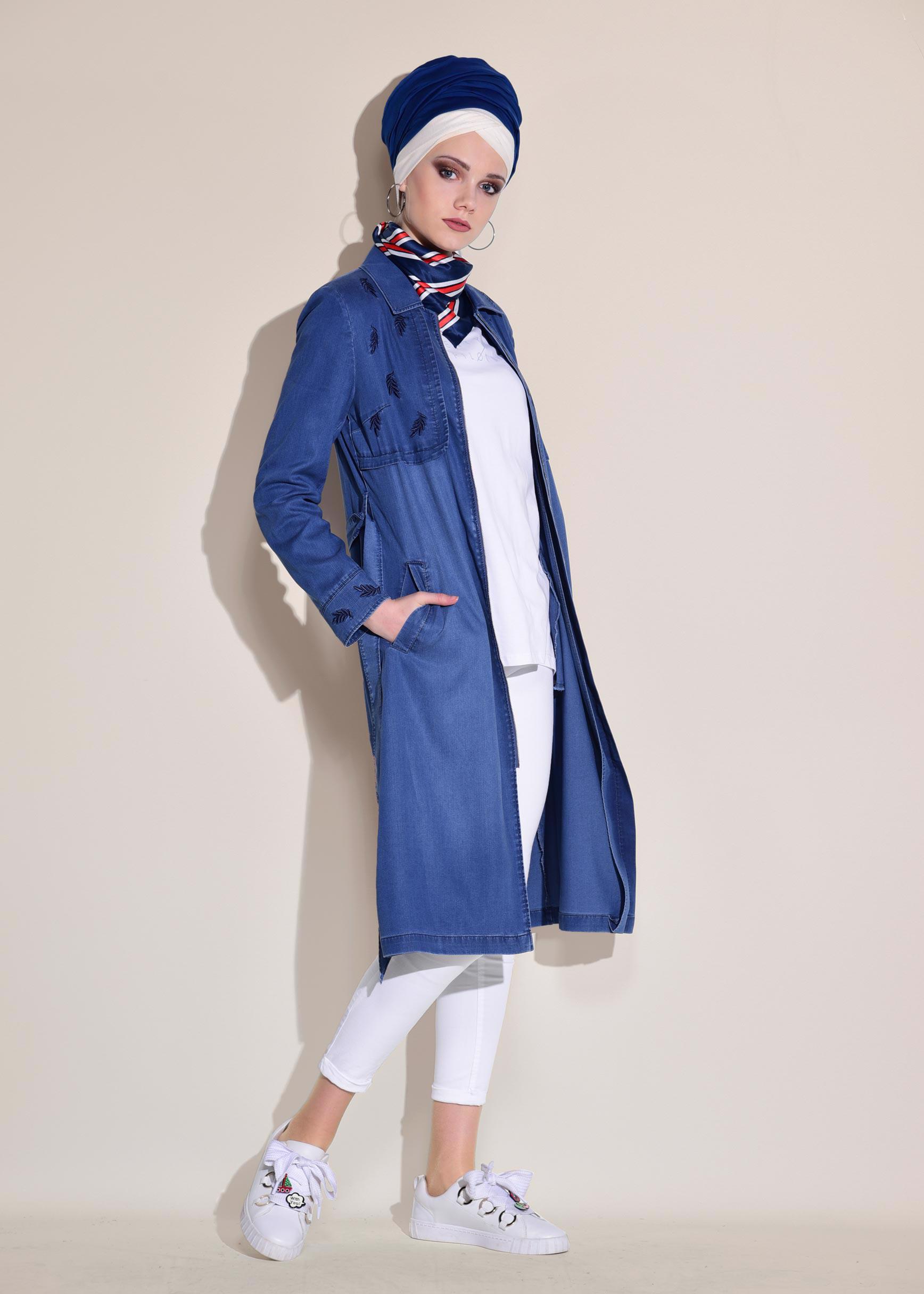 Tesettür giyim LACİVERT FERMUARLI KOT TRENÇKOT 1249