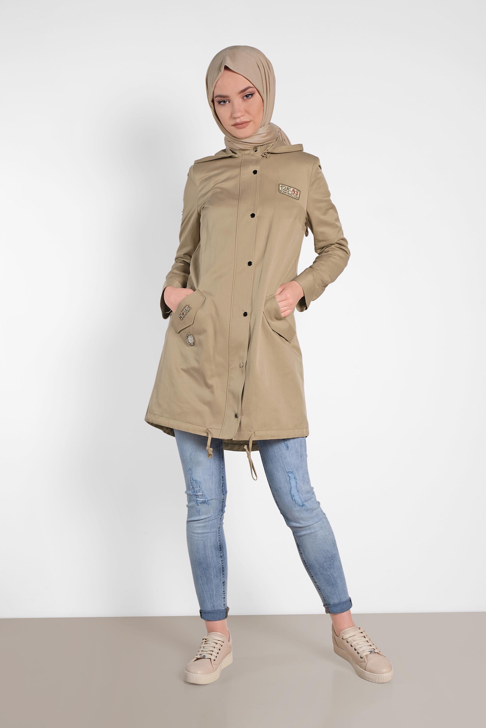 Tesettür giyim KAHVE ÇITÇIT VE CEPLİ TRENÇKOT 1271 