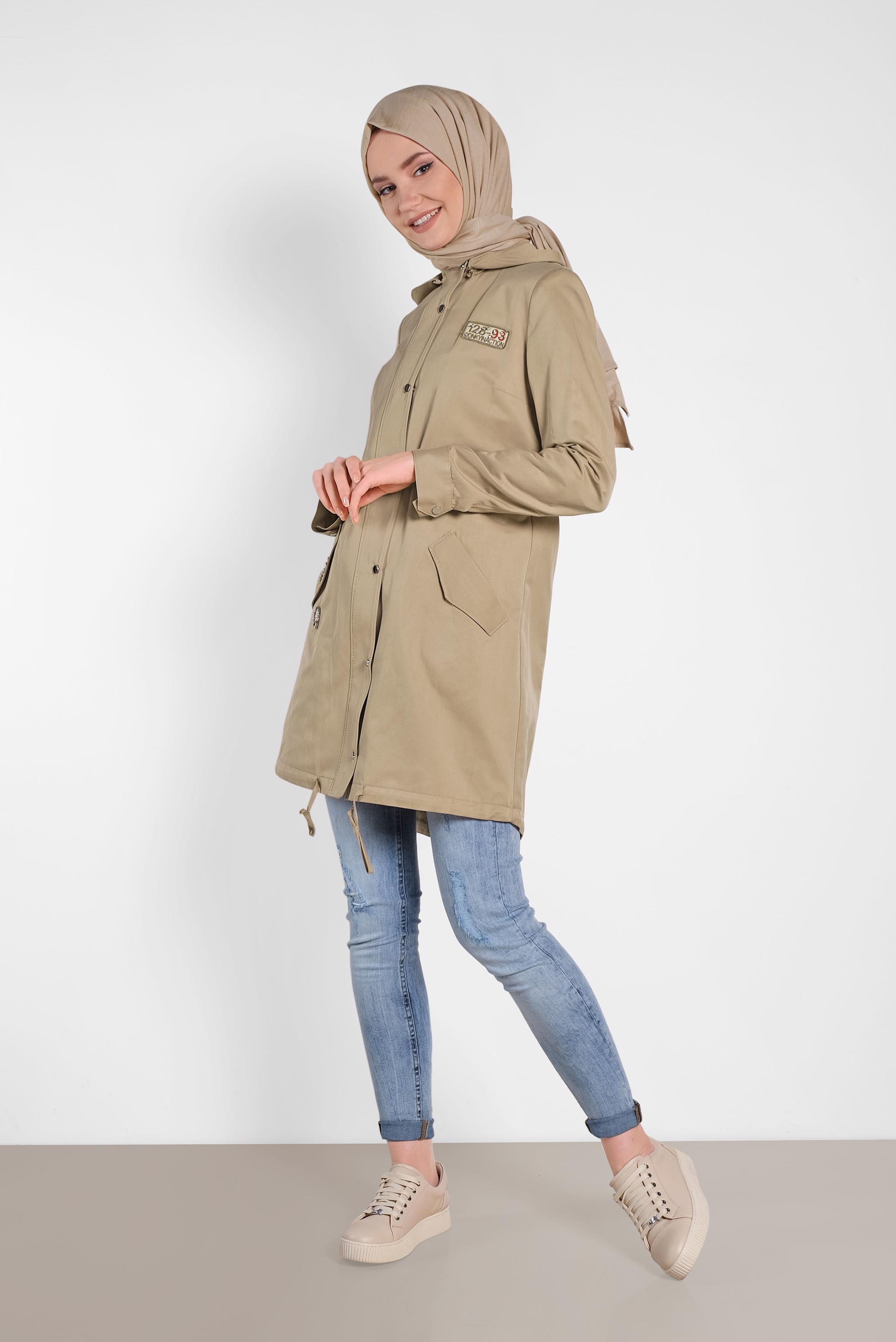 Tesettür giyim KAHVE ÇITÇIT VE CEPLİ TRENÇKOT 1271 