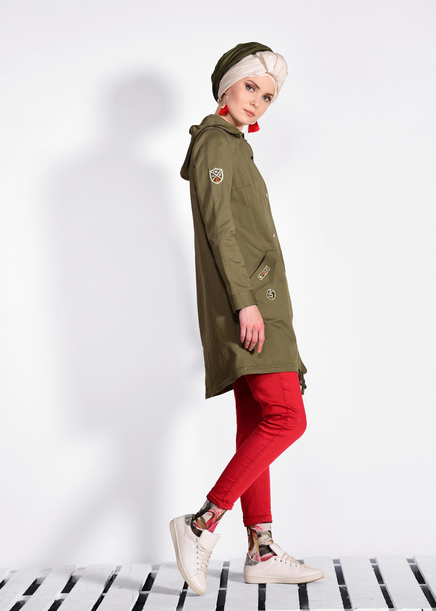 Tesettür giyim HAKİ ÇITÇIT VE CEPLİ TRENÇKOT 1271 