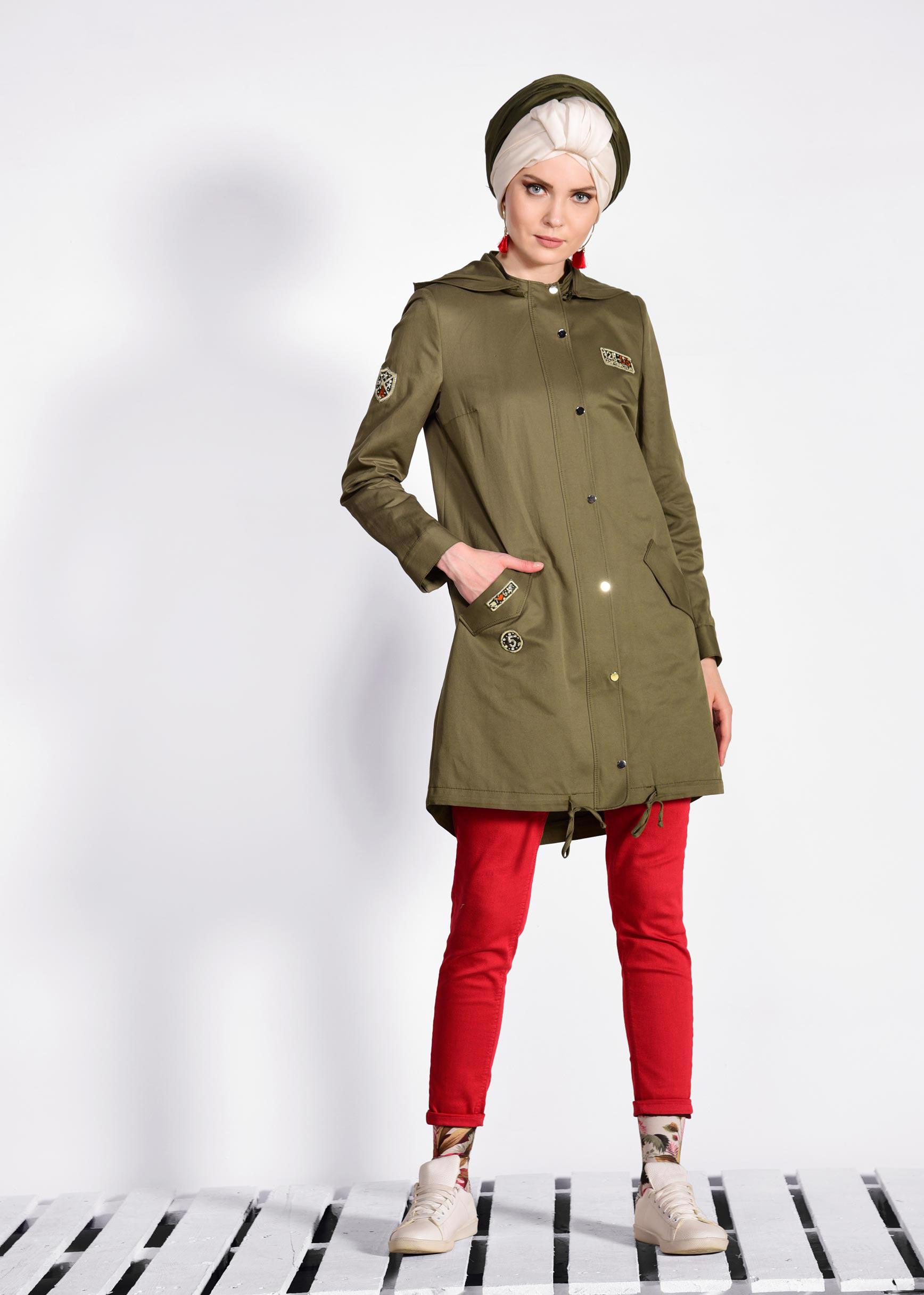 Tesettür giyim HAKİ ÇITÇIT VE CEPLİ TRENÇKOT 1271 