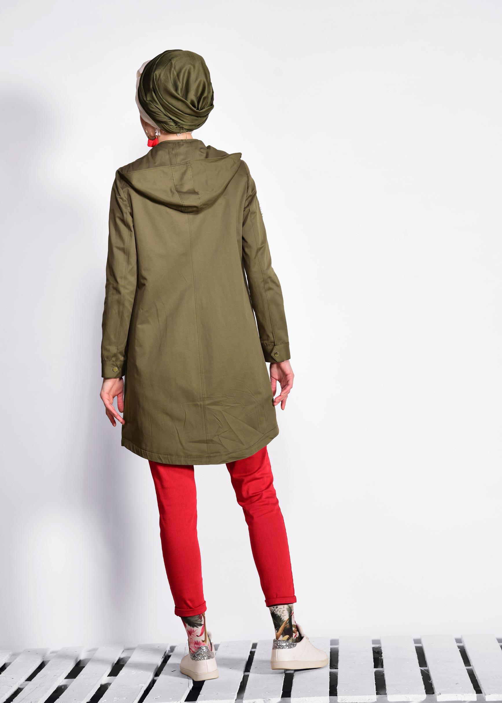 Tesettür giyim HAKİ ÇITÇIT VE CEPLİ TRENÇKOT 1271 