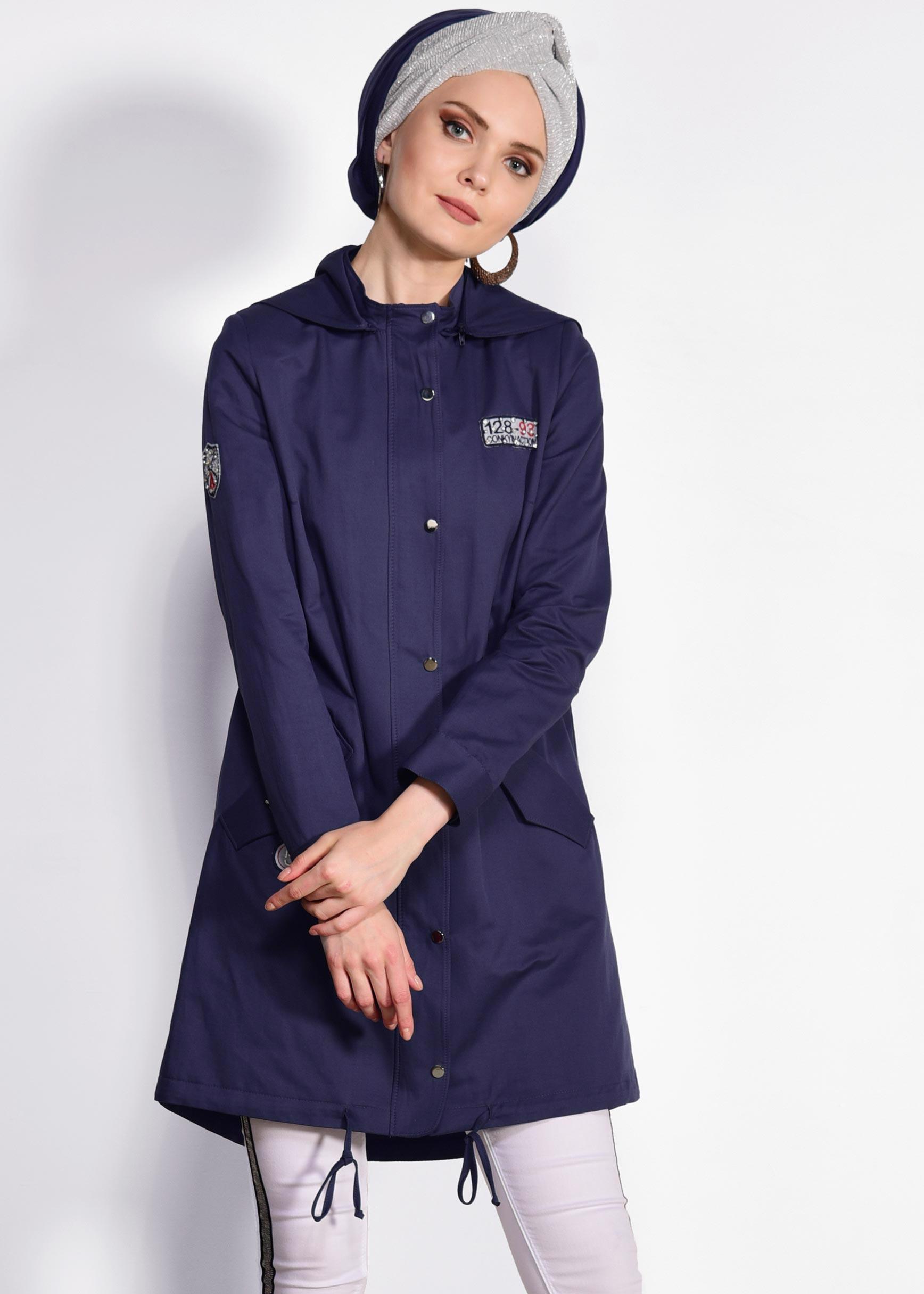 Tesettür giyim LACİVERT ÇITÇIT VE CEPLİ TRENÇKOT 1271 