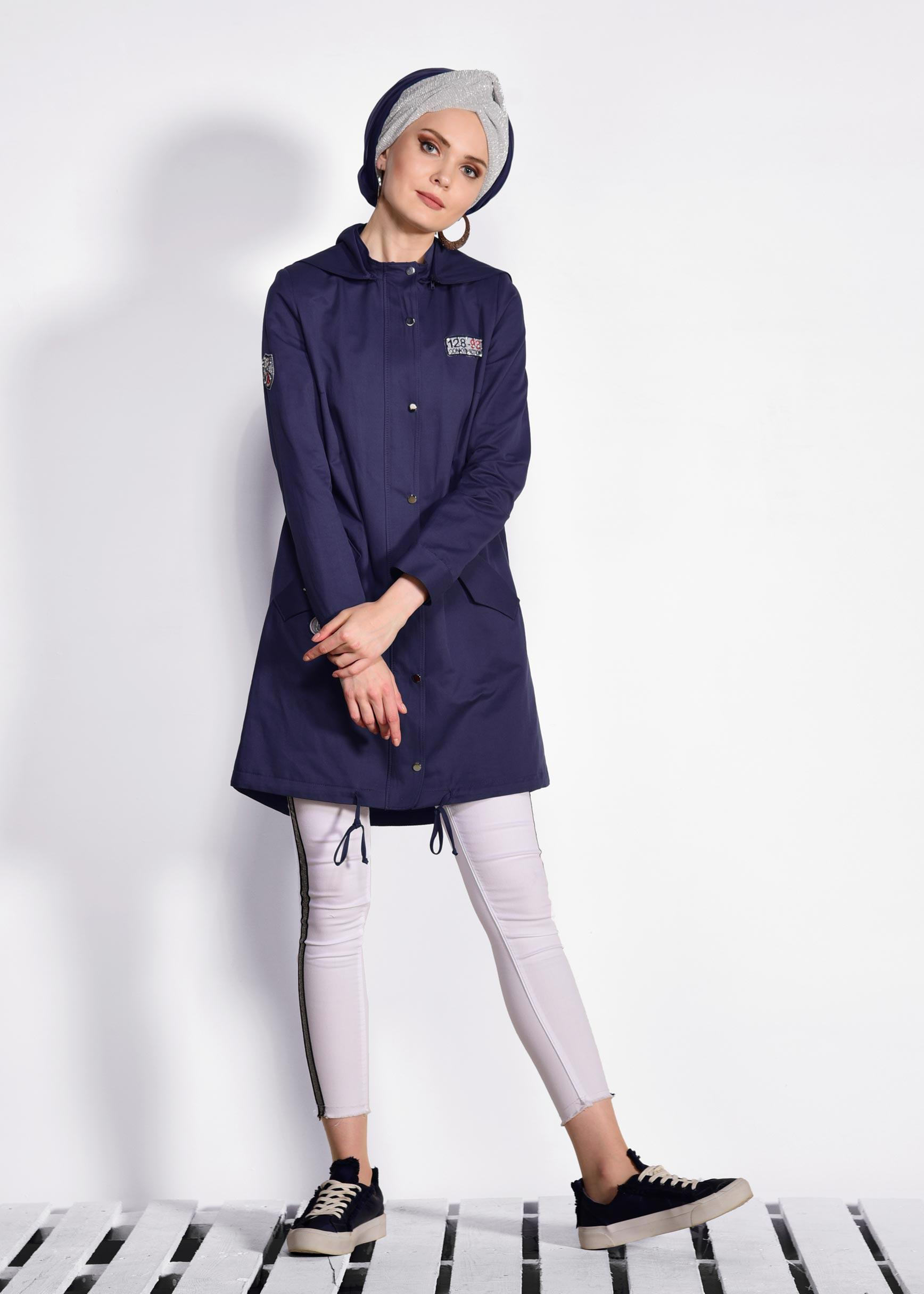 Tesettür giyim LACİVERT ÇITÇIT VE CEPLİ TRENÇKOT 1271 