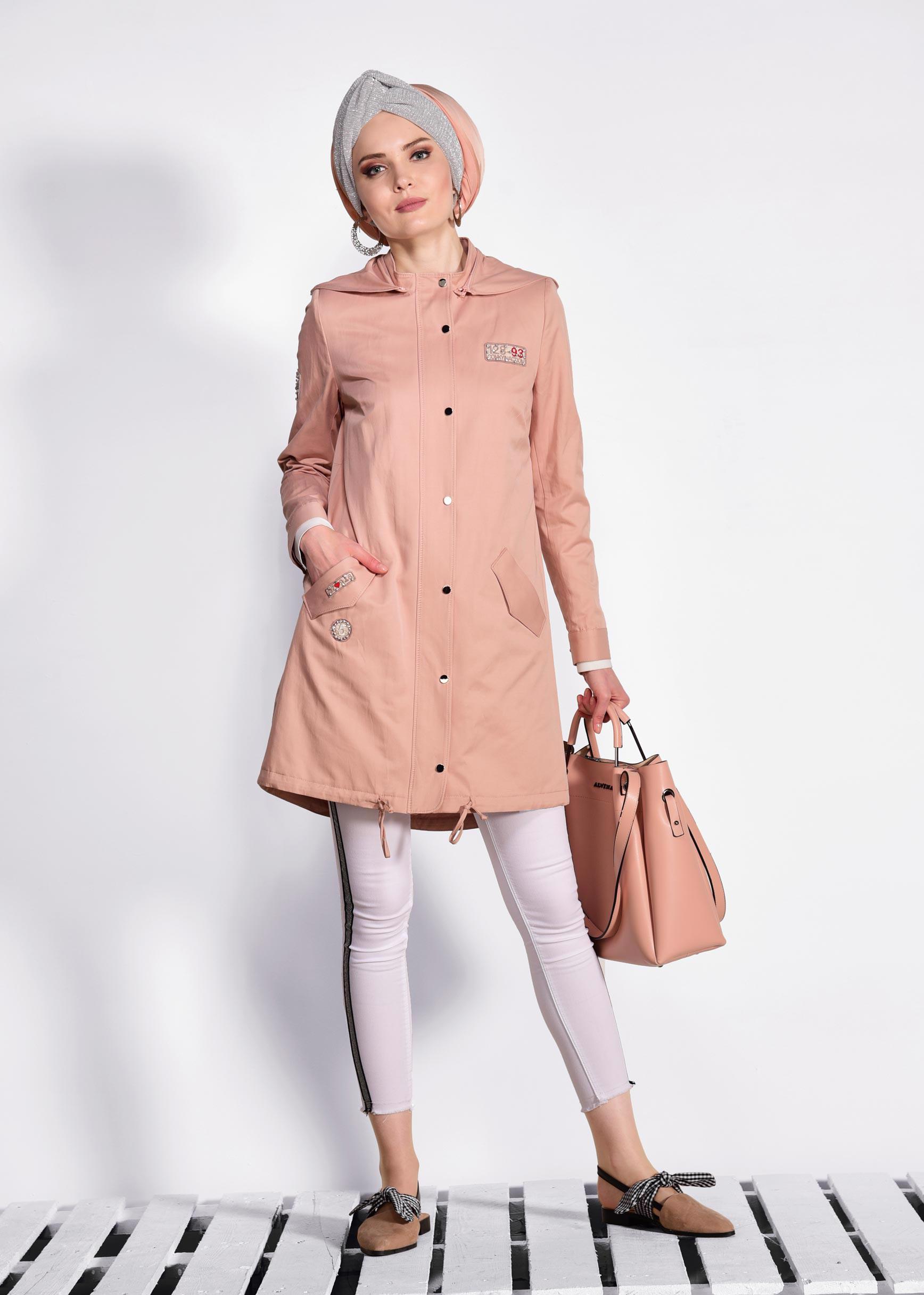 Tesettür giyim PUDRA ÇITÇIT VE CEPLİ TRENÇKOT 1271 