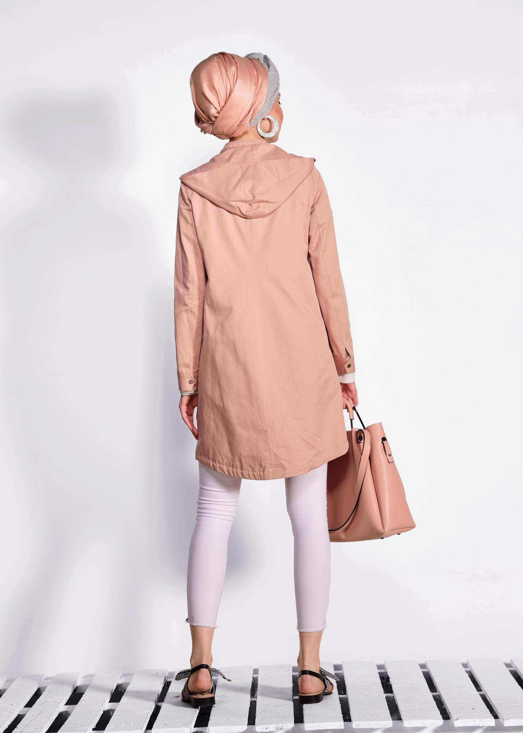 Tesettür giyim PUDRA ÇITÇIT VE CEPLİ TRENÇKOT 1271 