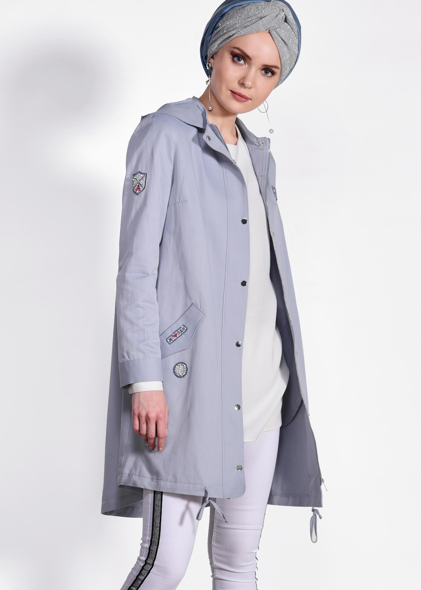 Tesettür giyim MAVİ ÇITÇIT VE CEPLİ TRENÇKOT 1271 