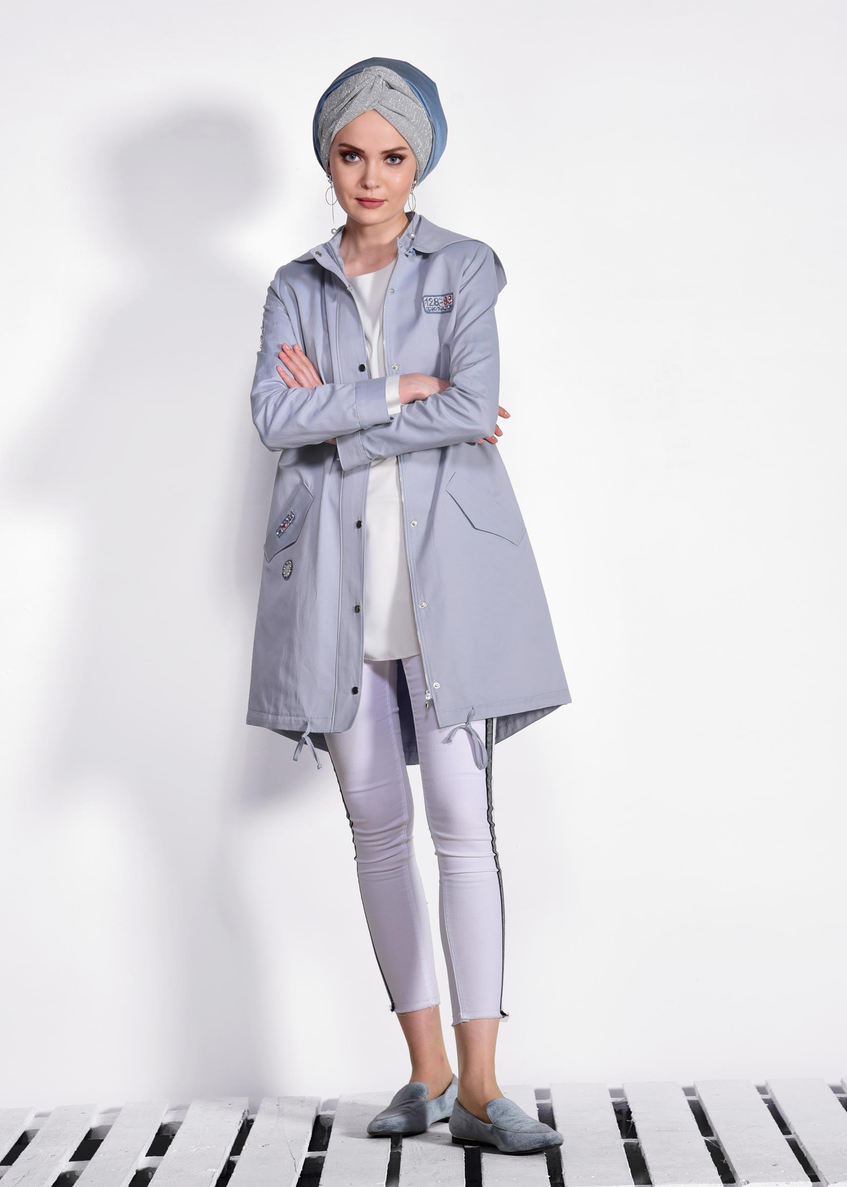 Tesettür giyim MAVİ ÇITÇIT VE CEPLİ TRENÇKOT 1271 