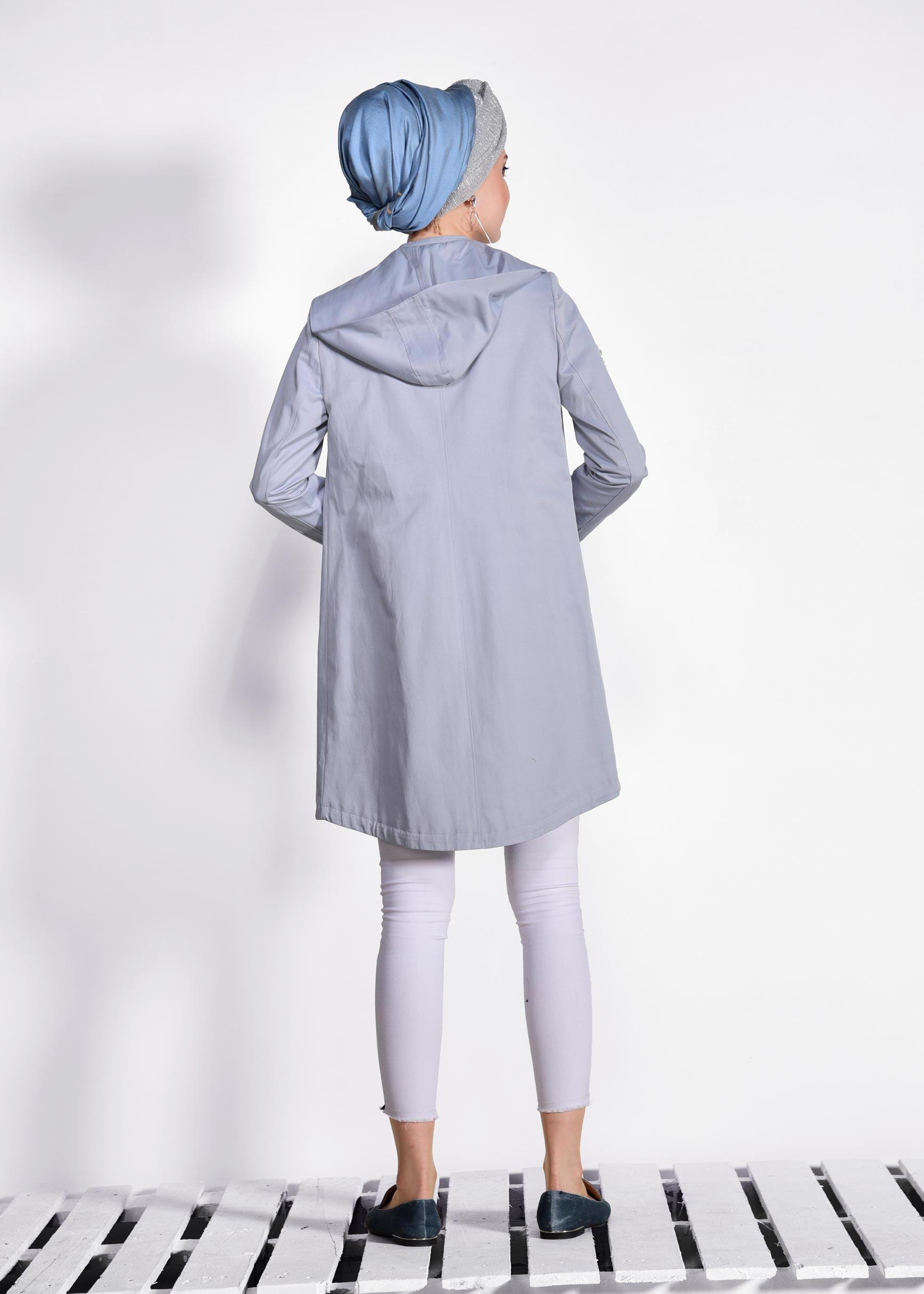 Tesettür giyim MAVİ ÇITÇIT VE CEPLİ TRENÇKOT 1271 