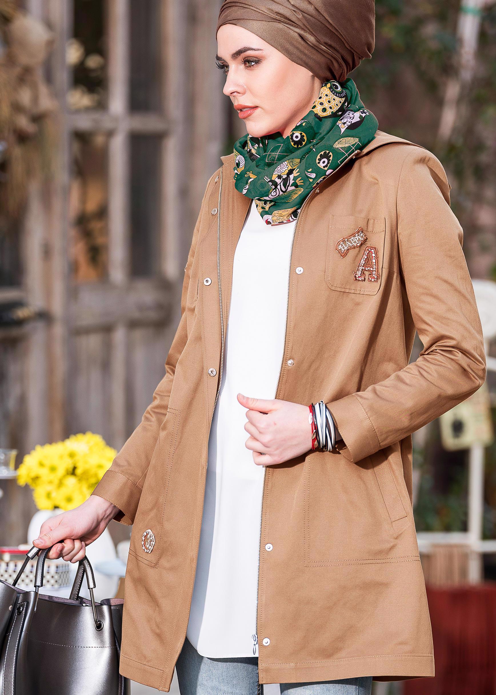 Tesettür giyim PUDRA ÇITÇITLI KAPÜŞONLU TRENÇKOT 1273 