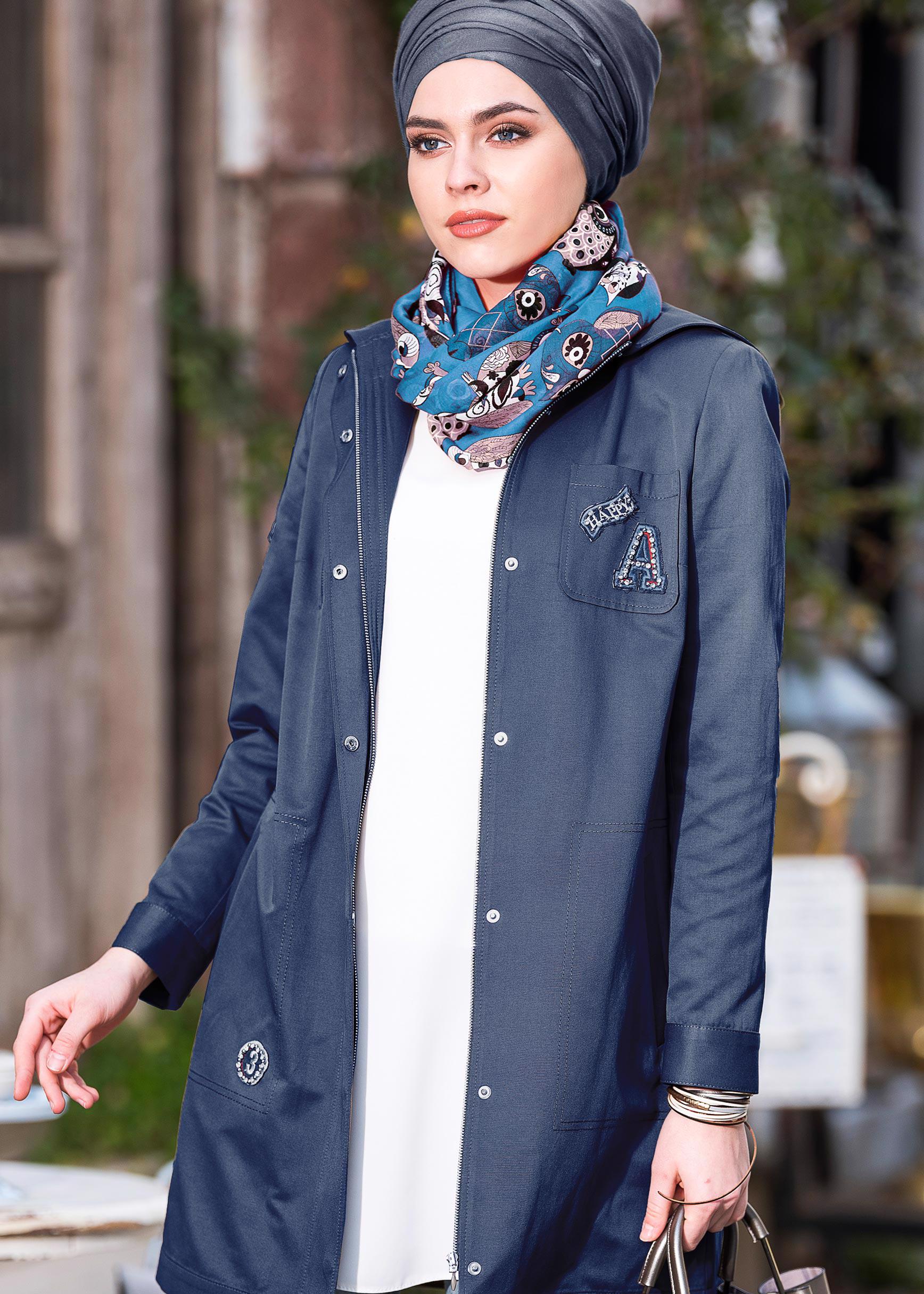 Tesettür giyim LACİVERT ÇITÇITLI KAPÜŞONLU TRENÇKOT 1273 