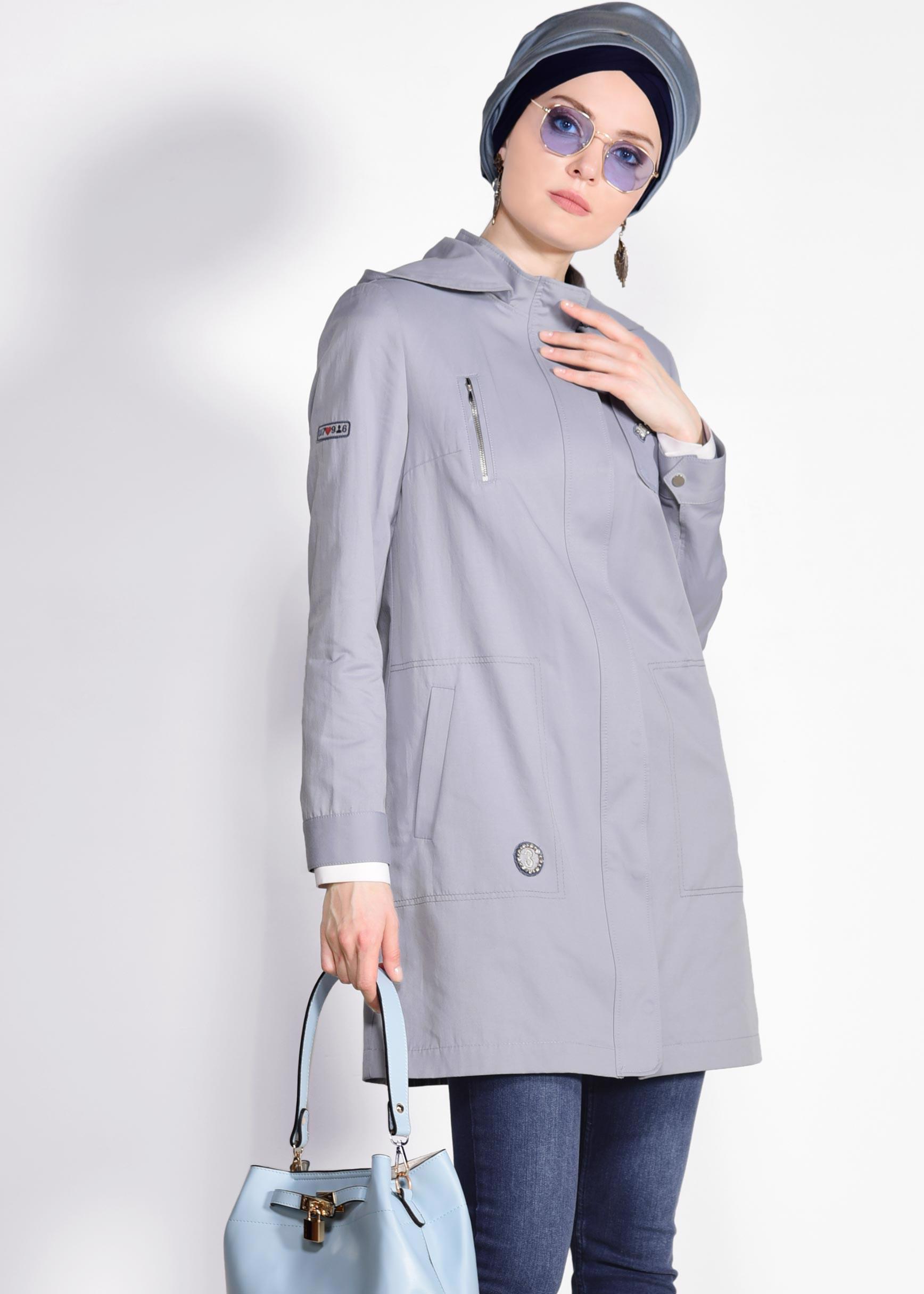 Tesettür giyim MAVİ ÇITÇITLI KAPÜŞONLU TRENÇKOT 1273 