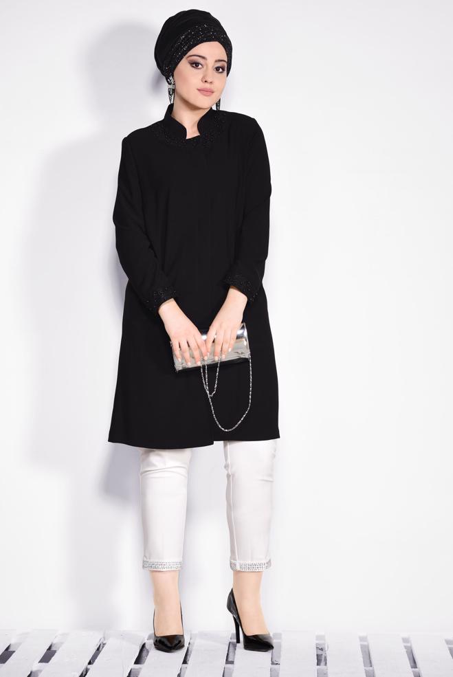 Vêtements hijab NOIR IMPERMÉABLE À COL ET MANCHETTE DÉTAILLÉ EN GUIPURE 1288 - ALVİNA