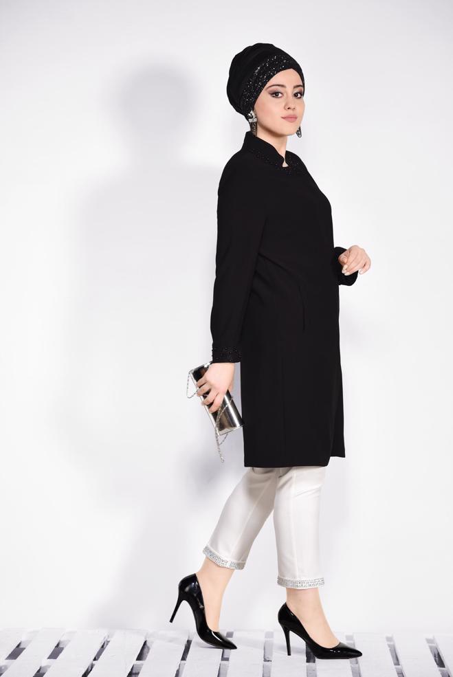 Vêtements hijab NOIR IMPERMÉABLE À COL ET MANCHETTE DÉTAILLÉ EN GUIPURE 1288 - ALVİNA