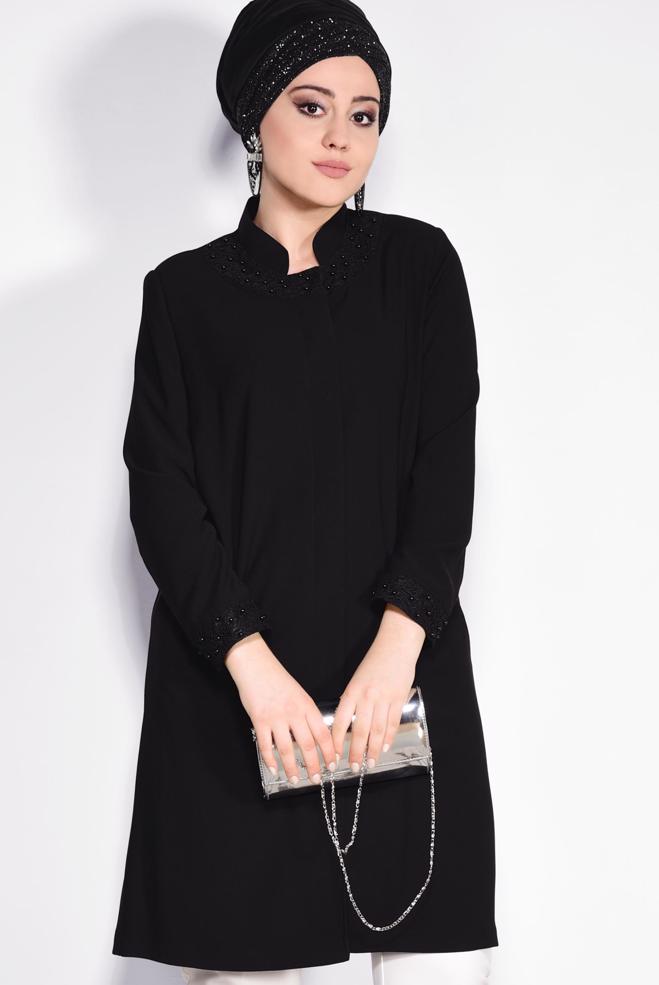 Vêtements hijab NOIR IMPERMÉABLE À COL ET MANCHETTE DÉTAILLÉ EN GUIPURE 1288 - ALVİNA