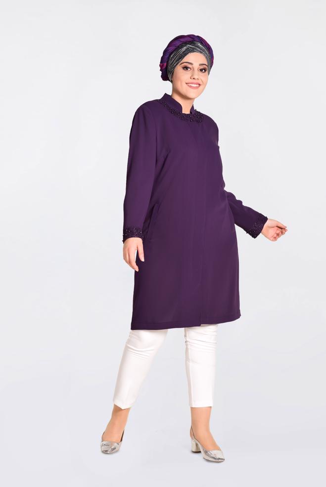 Tesettür giyim MOR MANŞET VE YAKASI GÜPÜR  İŞLEMELİ TRENÇKOT 1288  - ALVİNA