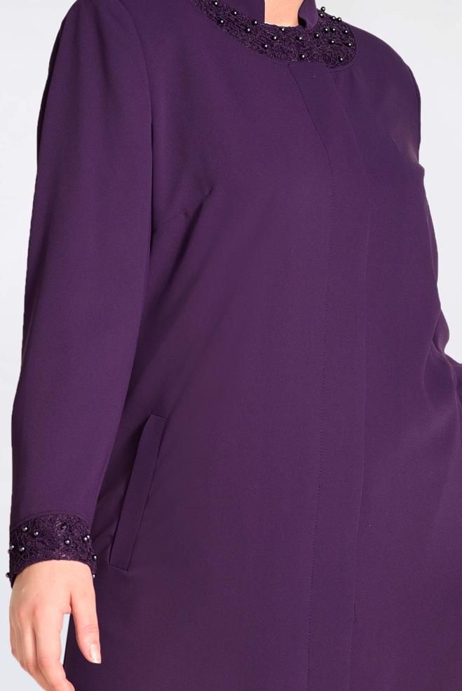 Tesettür giyim MOR MANŞET VE YAKASI GÜPÜR  İŞLEMELİ TRENÇKOT 1288  - ALVİNA
