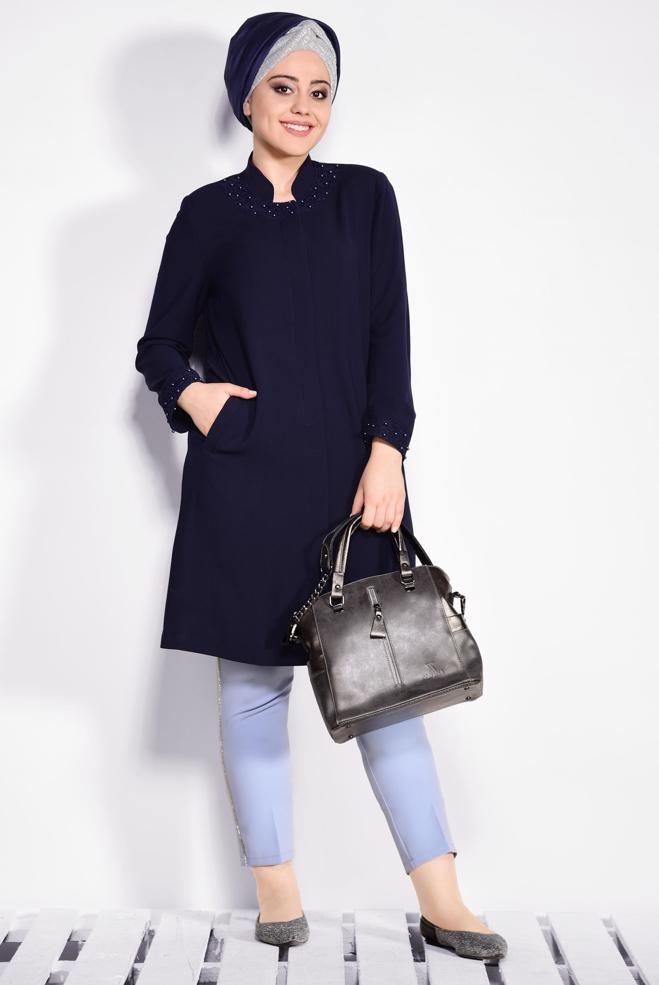 Vêtements hijab BLEU MARINE IMPERMÉABLE À COL ET MANCHETTE DÉTAILLÉ EN GUIPURE 1288 - ALVİNA