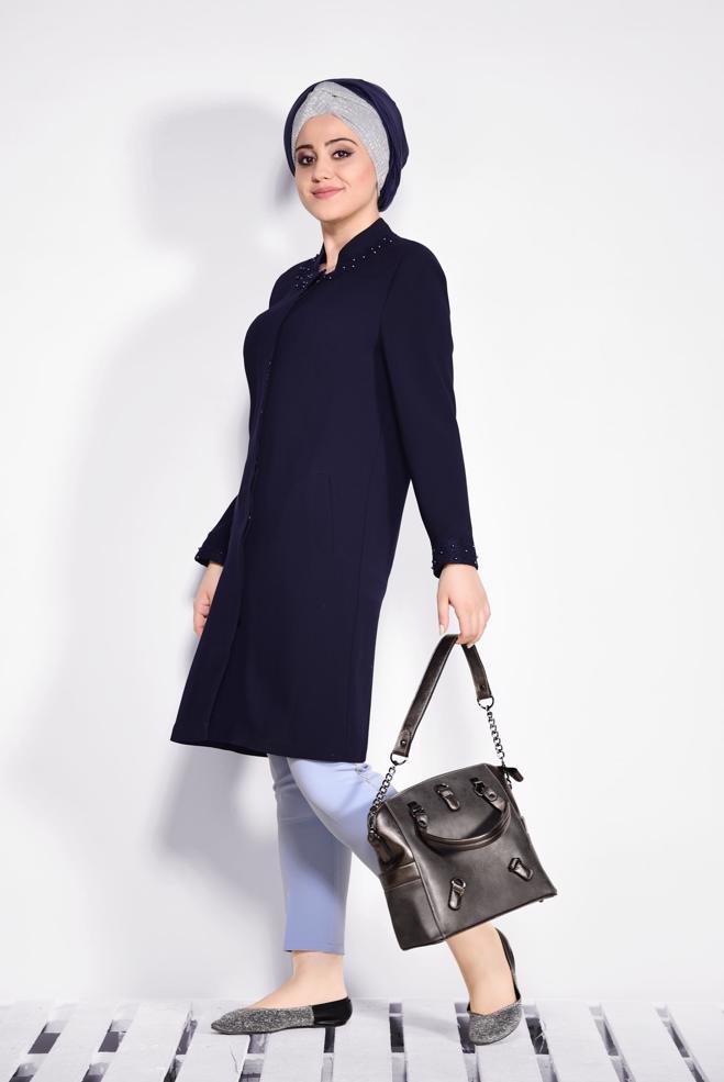 Vêtements hijab BLEU MARINE IMPERMÉABLE À COL ET MANCHETTE DÉTAILLÉ EN GUIPURE 1288 - ALVİNA