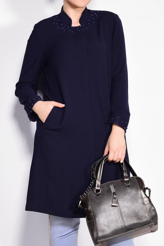 Vêtements hijab BLEU MARINE IMPERMÉABLE À COL ET MANCHETTE DÉTAILLÉ EN GUIPURE 1288 - ALVİNA
