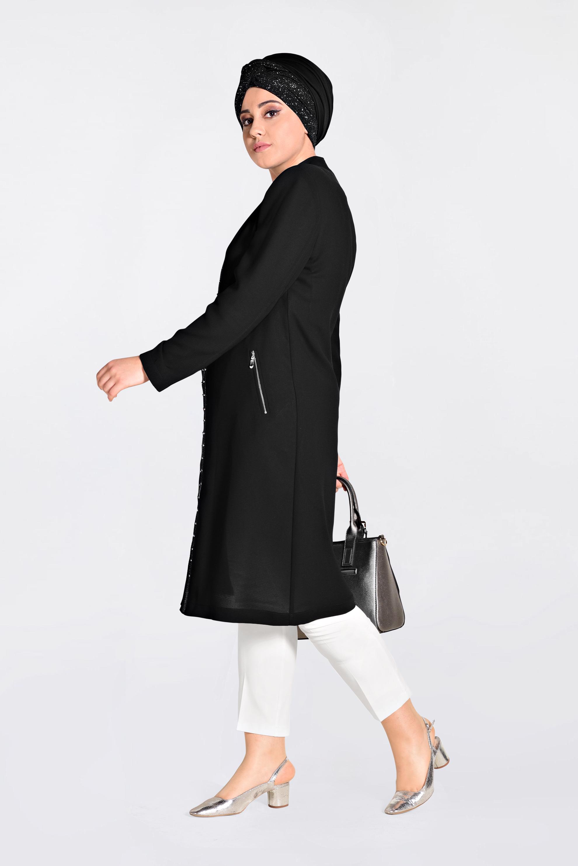 Vêtements hijab NOIR IMPERMÉABLE BRODÉ EN ORNER DE PERLES AVEC FERMETURE 1292