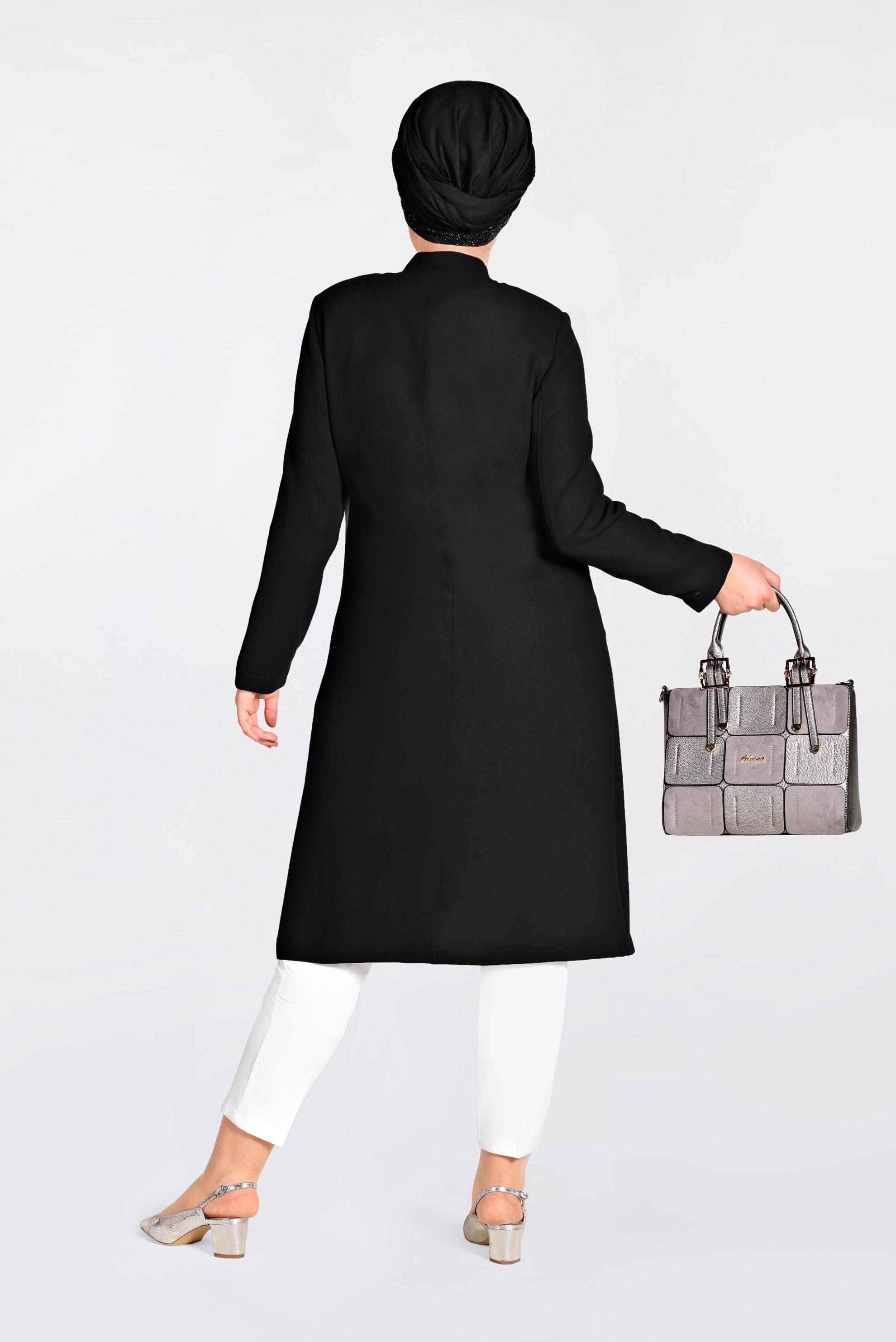 Vêtements hijab NOIR IMPERMÉABLE BRODÉ EN ORNER DE PERLES AVEC FERMETURE 1292