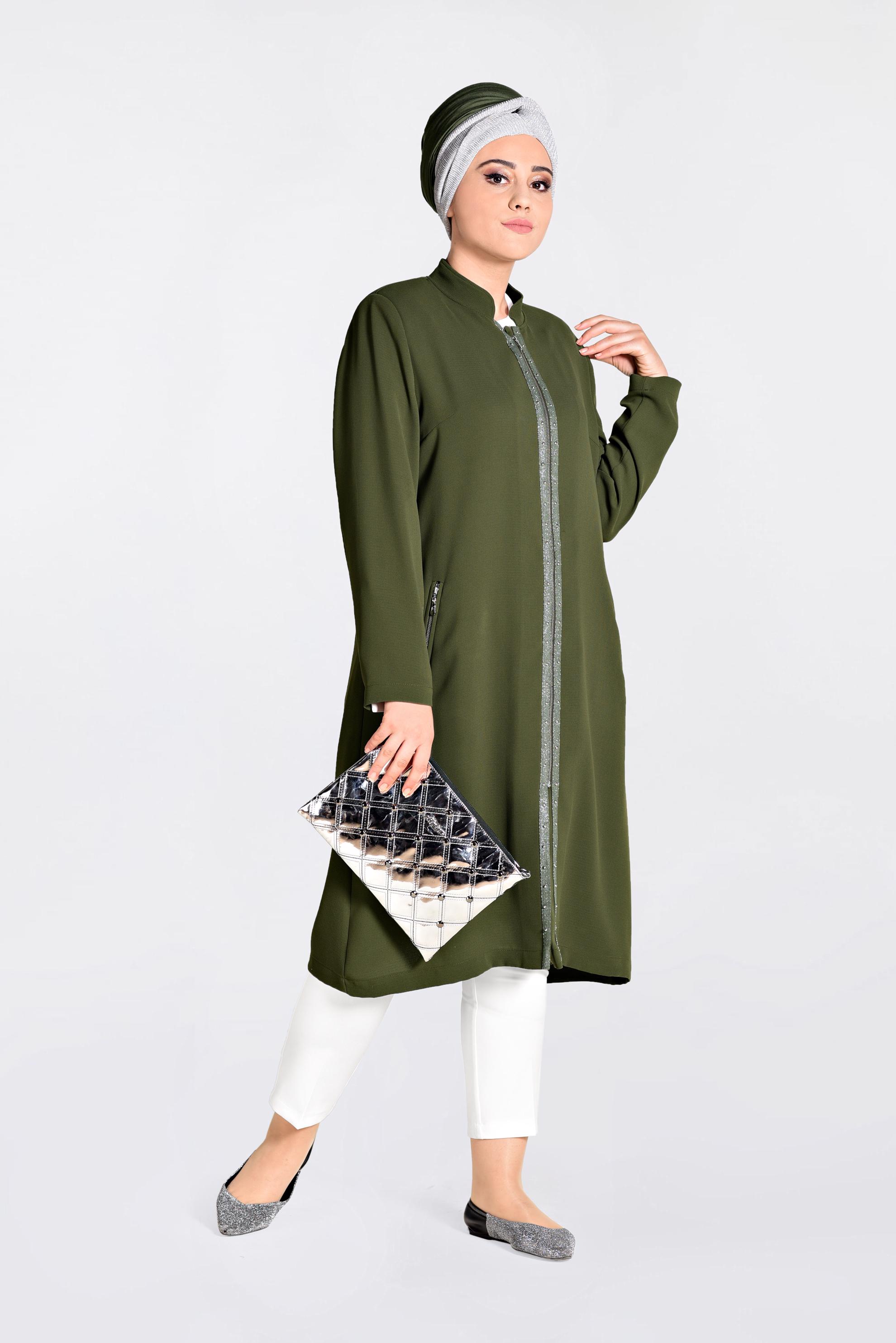 Vêtements hijab KAKI IMPERMÉABLE BRODÉ EN ORNER DE PERLES AVEC FERMETURE 1292