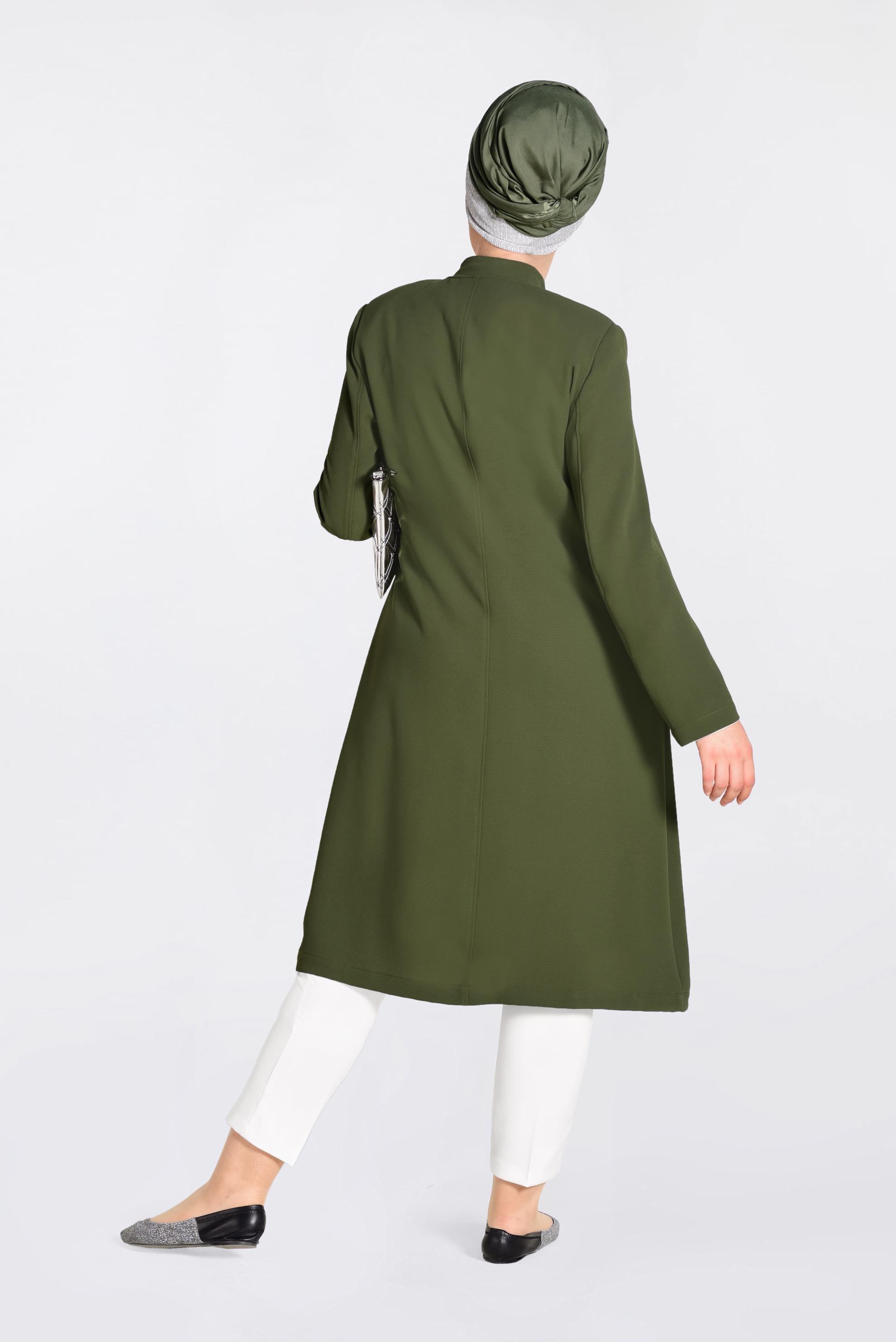 Vêtements hijab KAKI IMPERMÉABLE BRODÉ EN ORNER DE PERLES AVEC FERMETURE 1292