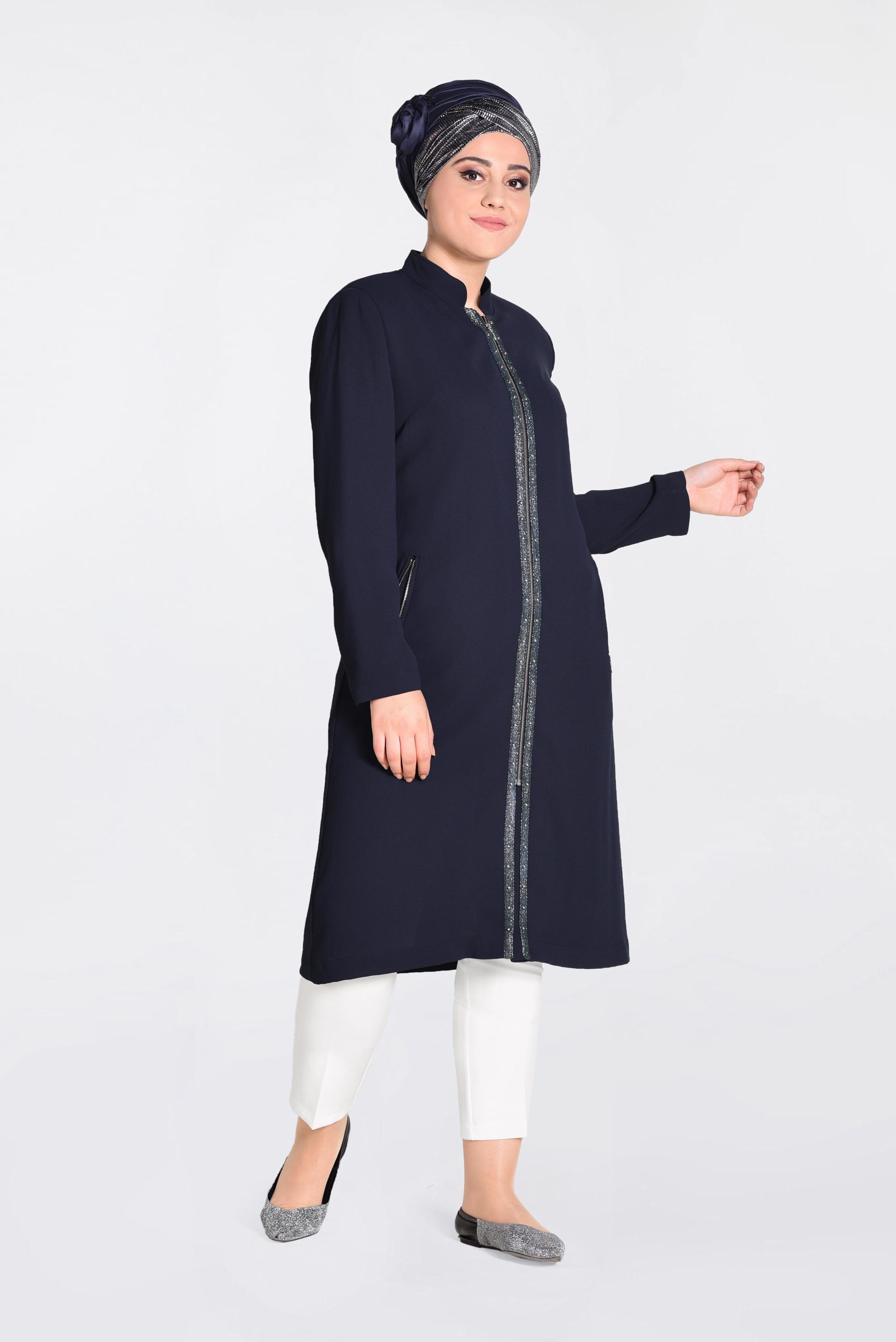 Tesettür giyim LACİVERT BONCUK İŞLEMELİ FERMUARLI TRENÇKOT 1292 