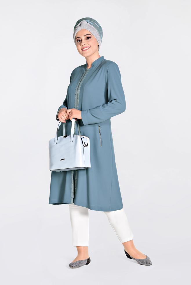 Vêtements hijab VERT IMPERMÉABLE BRODÉ EN ORNER DE PERLES AVEC FERMETURE 1292 - ALVİNA