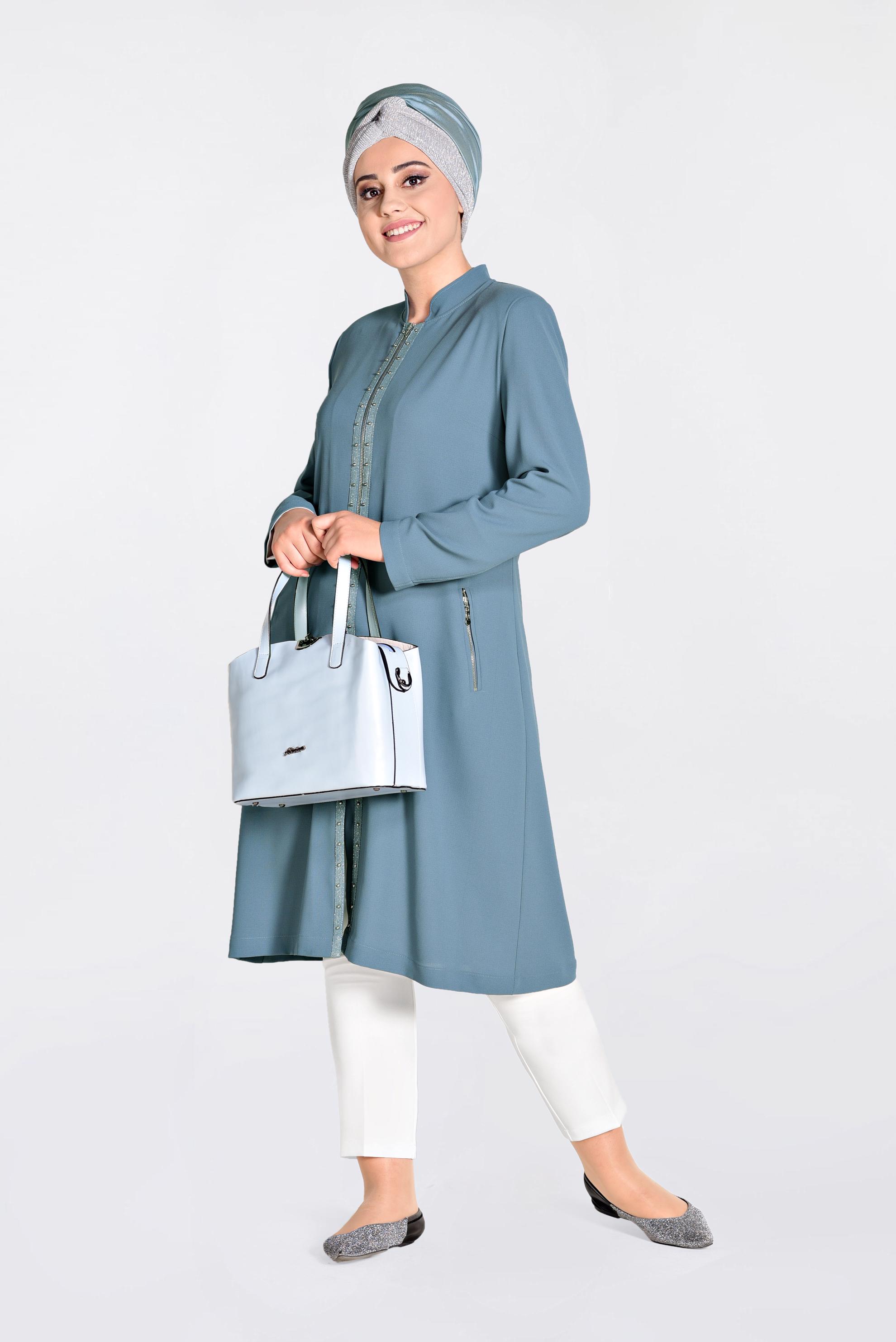 Tesettür giyim YEŞİL BONCUK İŞLEMELİ FERMUARLI TRENÇKOT 1292 