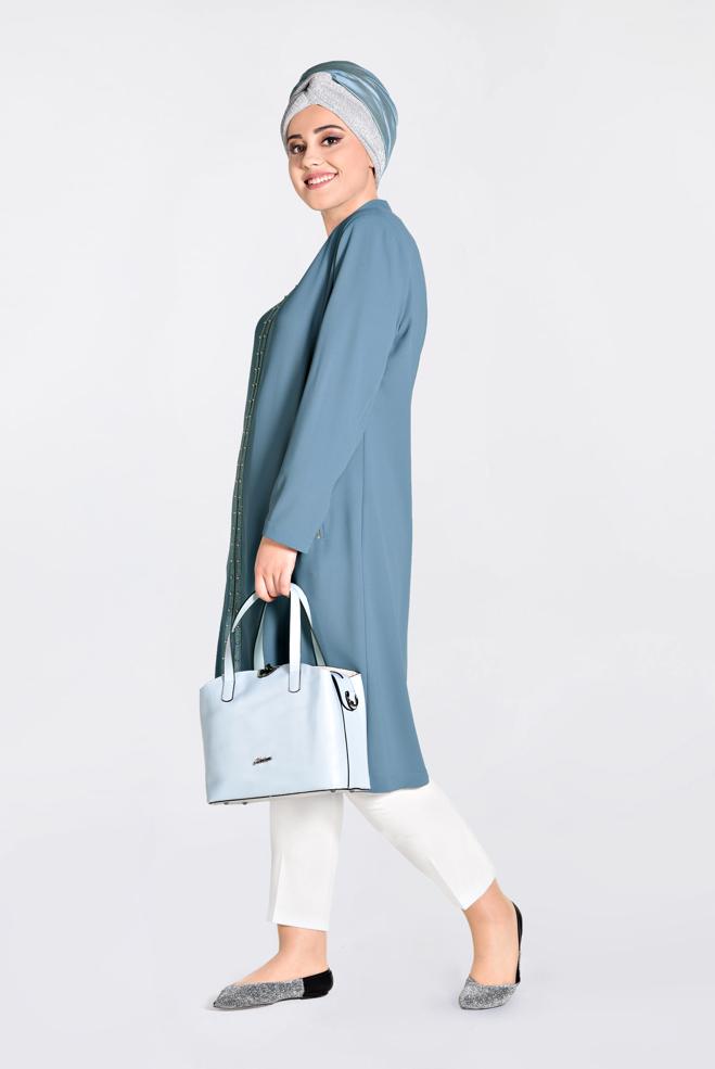 Vêtements hijab VERT IMPERMÉABLE BRODÉ EN ORNER DE PERLES AVEC FERMETURE 1292 - ALVİNA